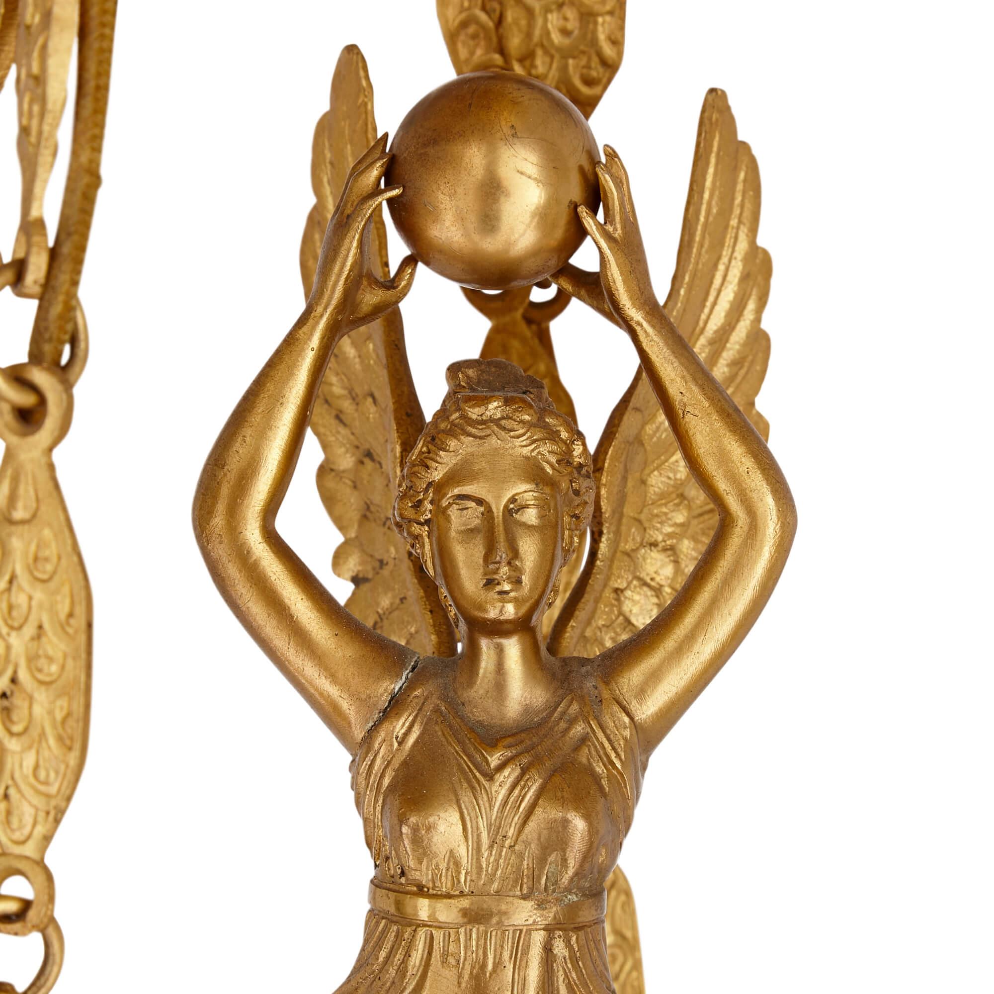 Empire Period French Gilt Bronze Six Light Chandelier In Good Condition For Sale In London, GB