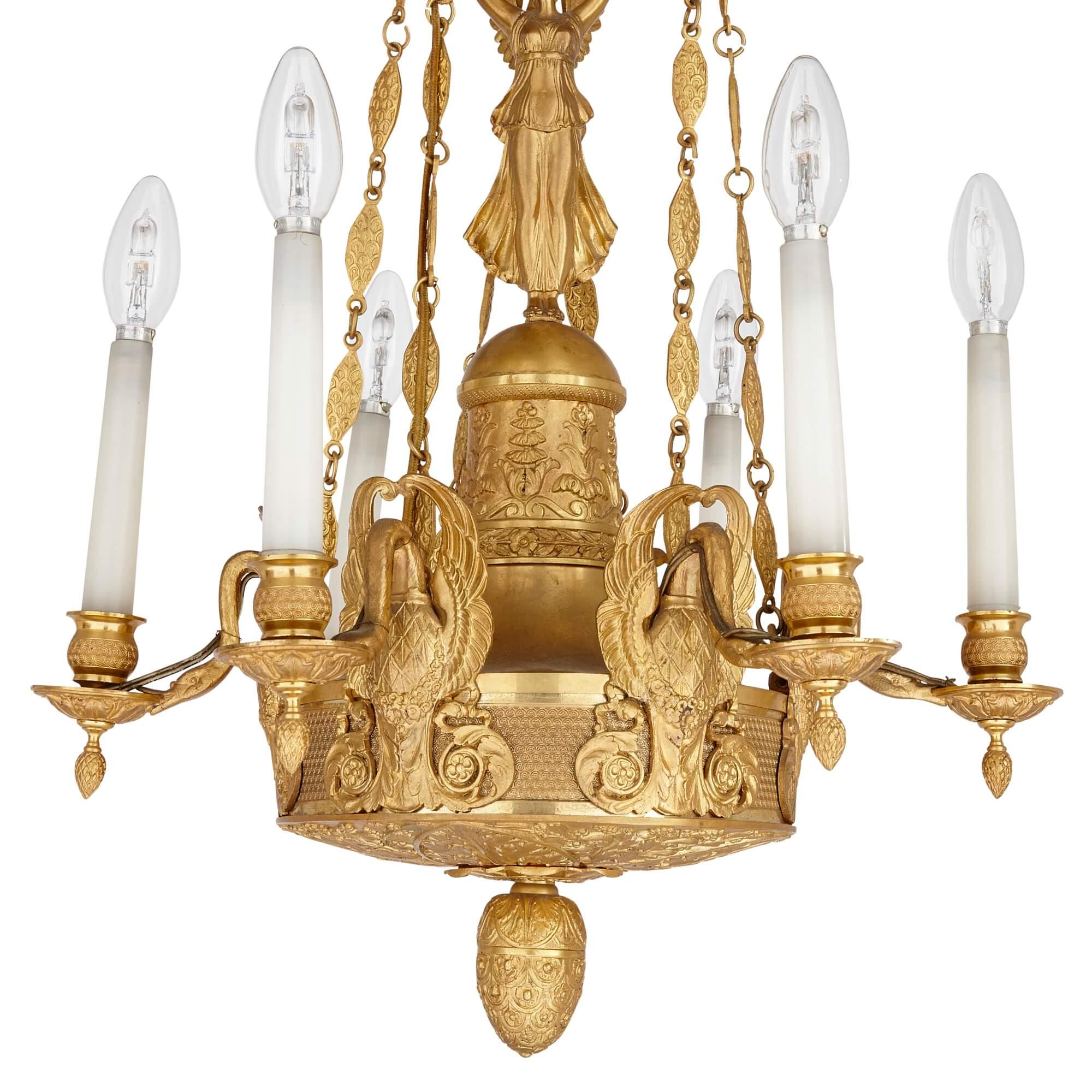 Empire Period French Gilt Bronze Six Light Chandelier For Sale 1