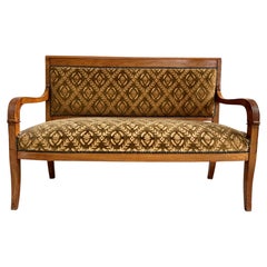 French Empire Settee, Hand-Carved Fruitwood, Velvet Upholstery, 1810