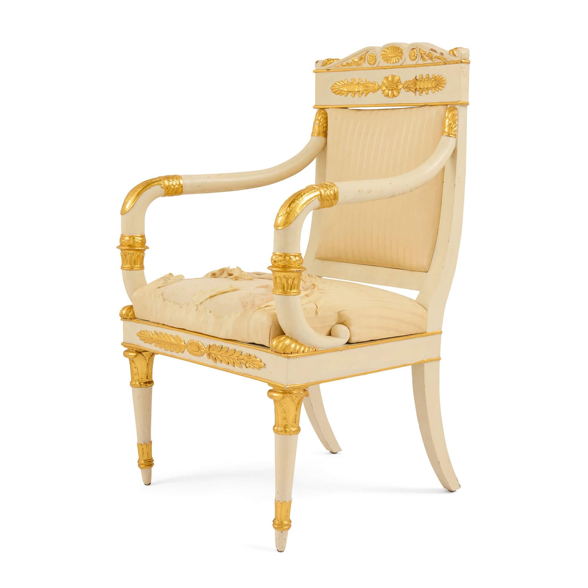19th Century Empire Period Gilt and Painted Wood Three-Piece Salon Suite For Sale