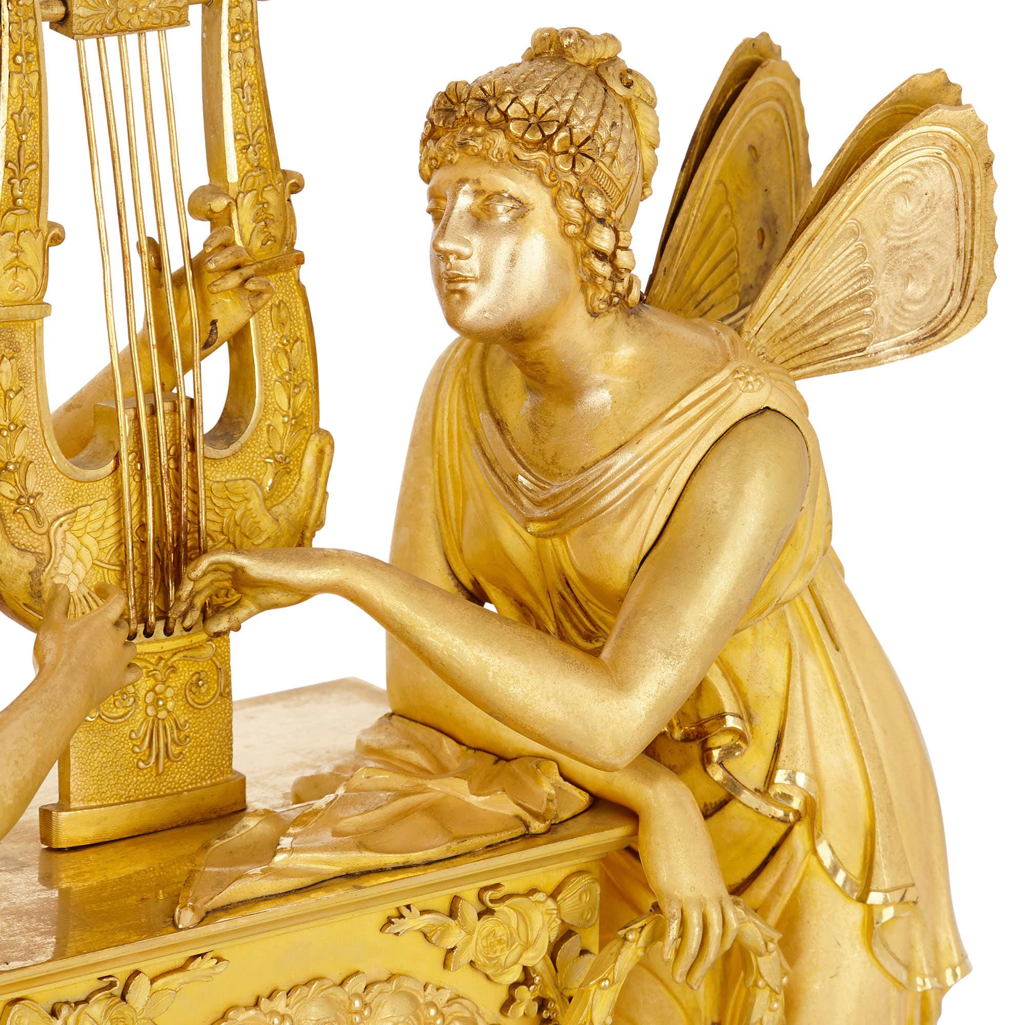 Début du XIXe siècle Horloge en bronze doré de la période Empire avec Cupidon et Psyché par Le Roy et fils  en vente