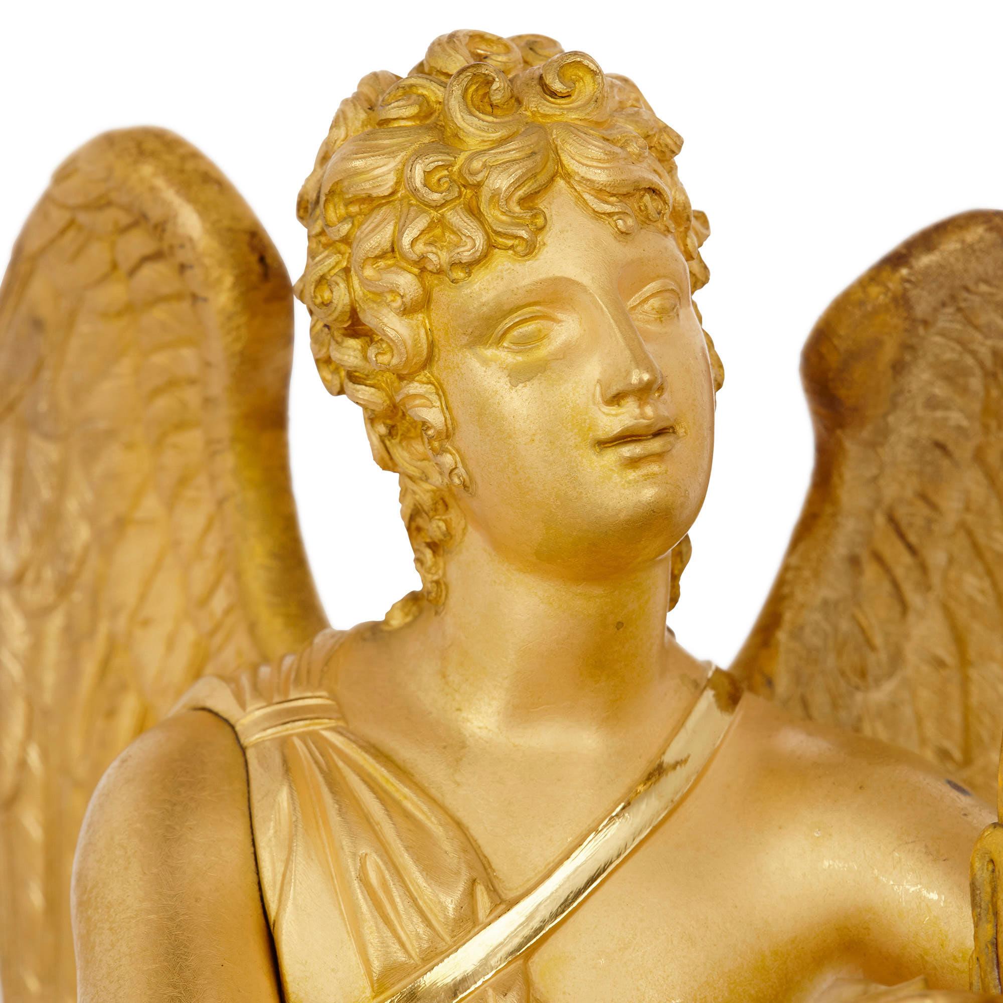Émail Horloge en bronze doré de la période Empire avec Cupidon et Psyché par Le Roy et fils  en vente