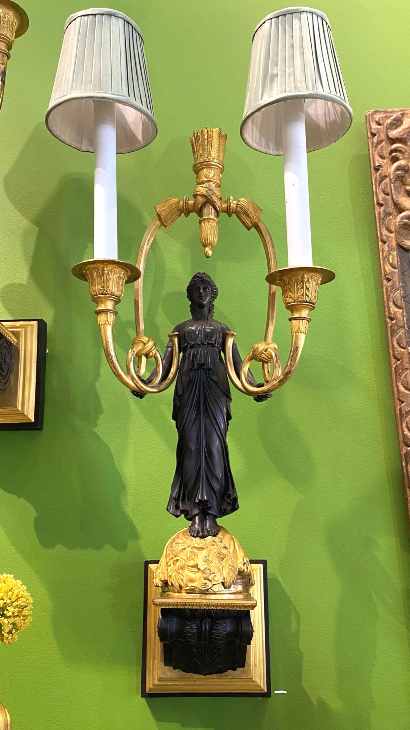 19th Century French Empire Ormolu Bronze Figural Sconces For Sale