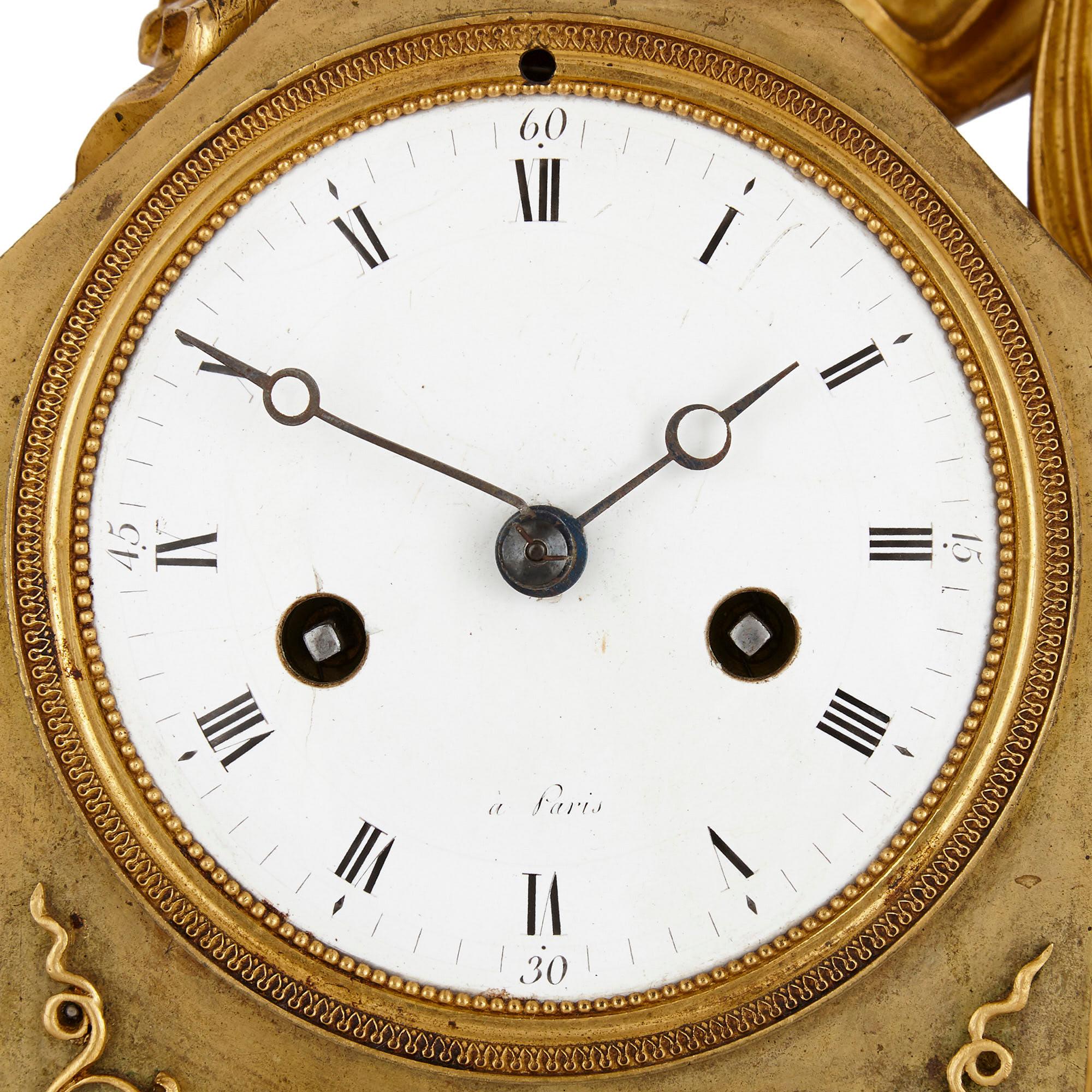 French Empire Period Gilt Bronze Figurative Mantel Clock For Sale