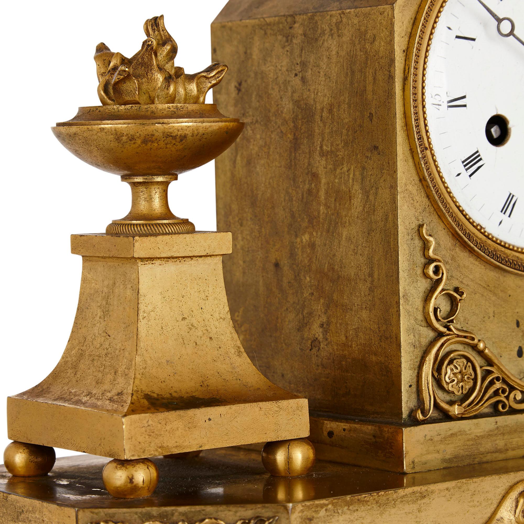 19th Century Empire Period Gilt Bronze Figurative Mantel Clock For Sale