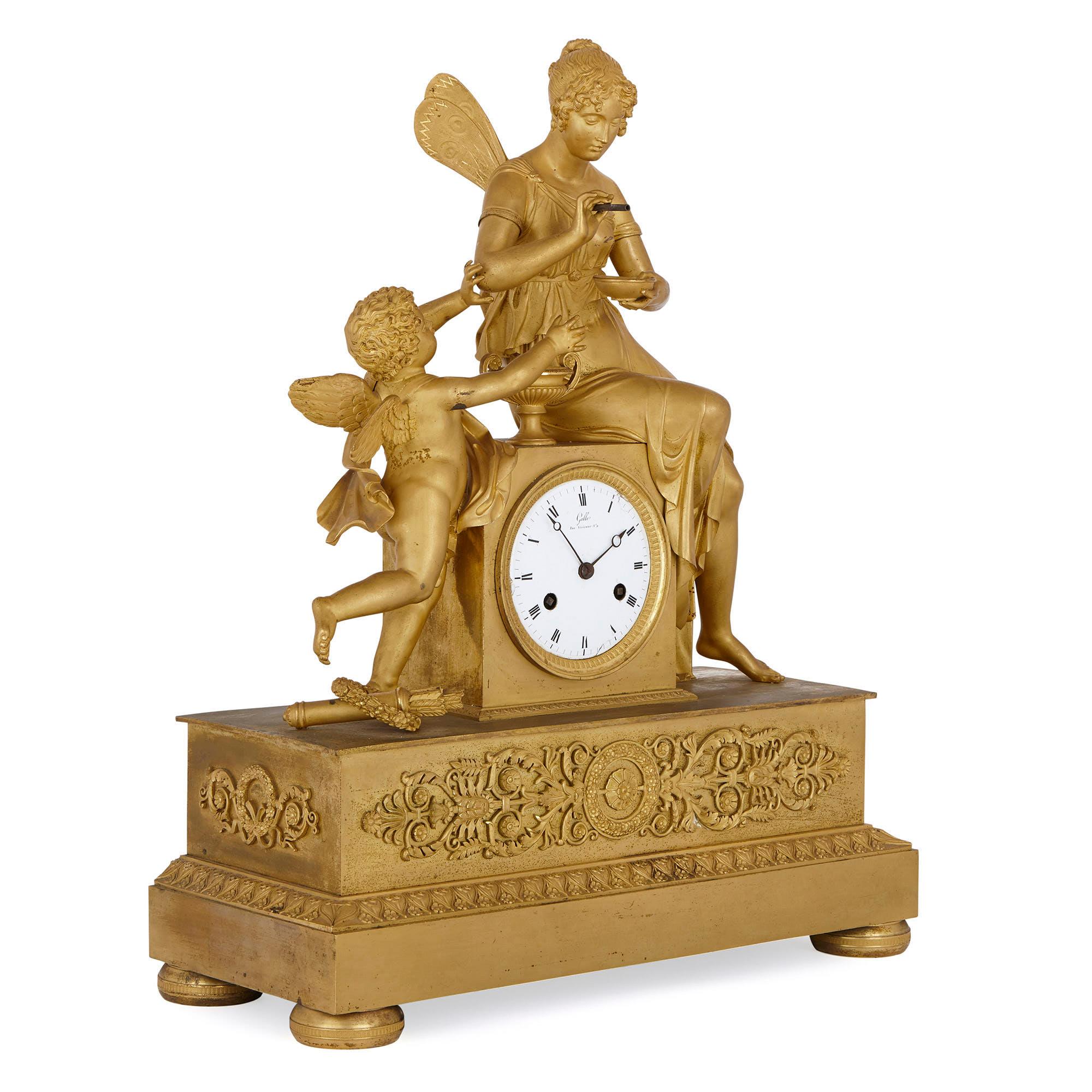 This beautiful gilt bronze (ormolu) mantel clock was crafted in France during the period when Napoleon I was Emperor (1804-1814, 15). It was designed by the famous bronze caster and gilder, Claude Galle (French, 1759-1815). Galle was apprenticed to