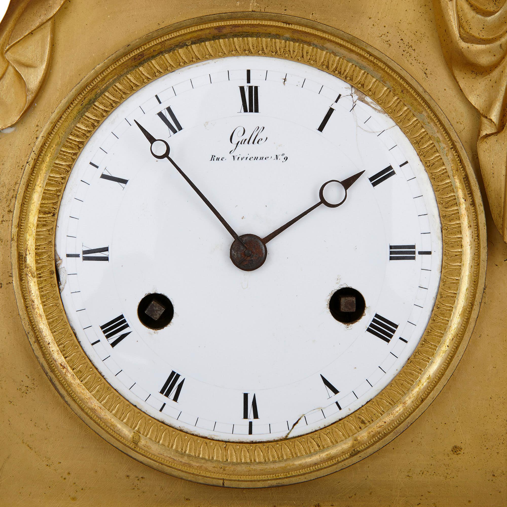 French Empire Period Gilt Bronze Mantel Clock by Galle For Sale