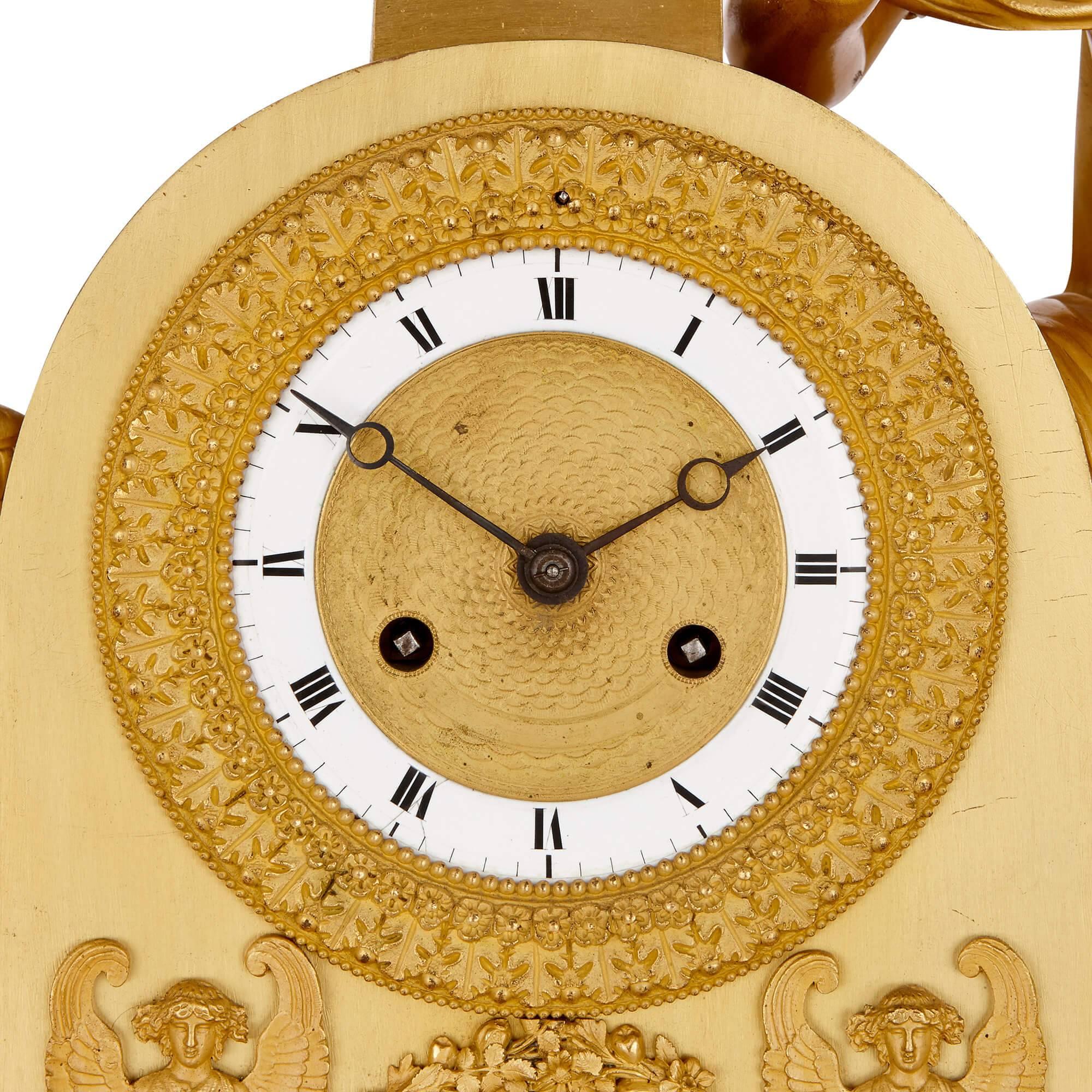 19th Century Empire Period Gilt Bronze Mantel Clock For Sale