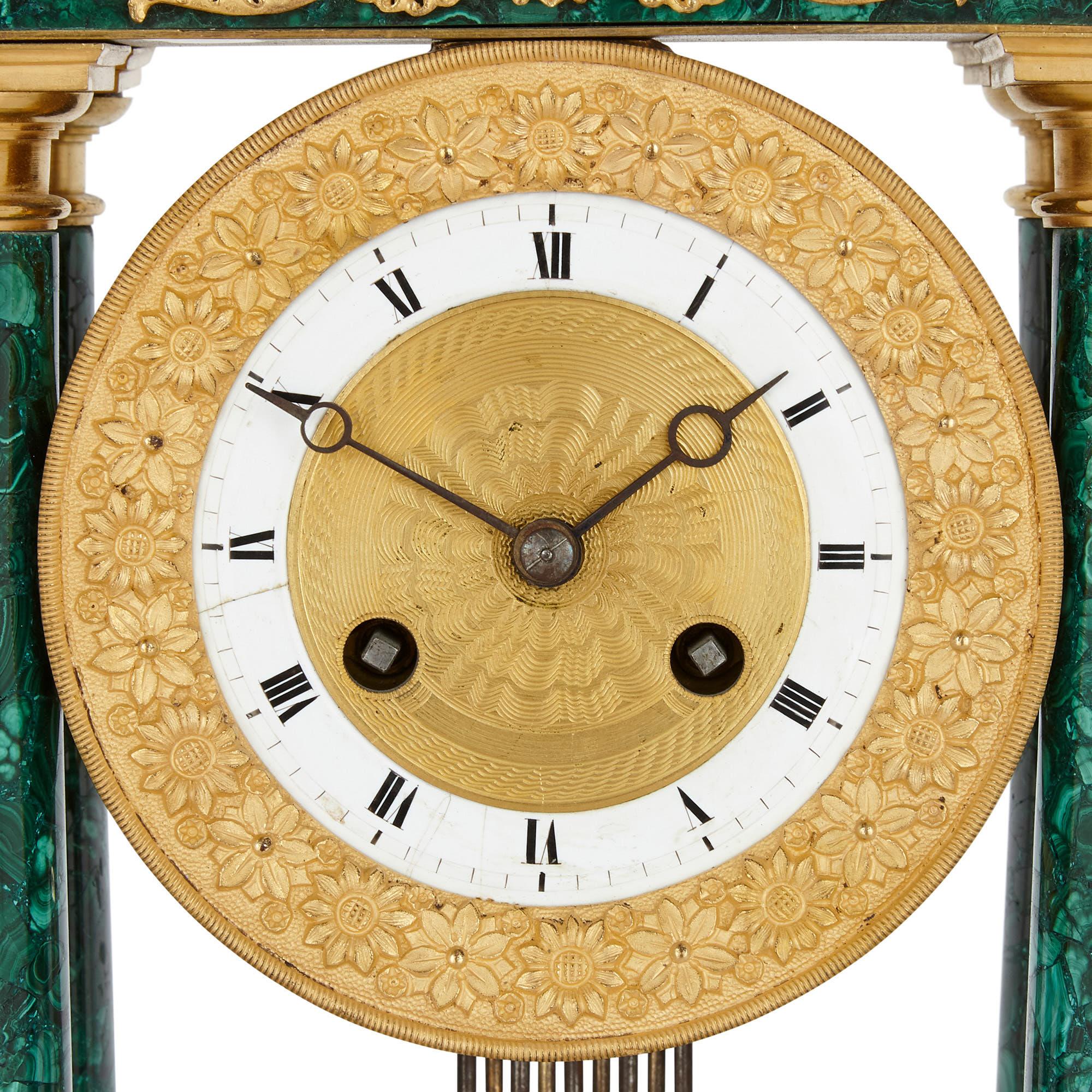 French Empire Period Neoclassical Malachite and Gilt Bronze Mantel Clock For Sale