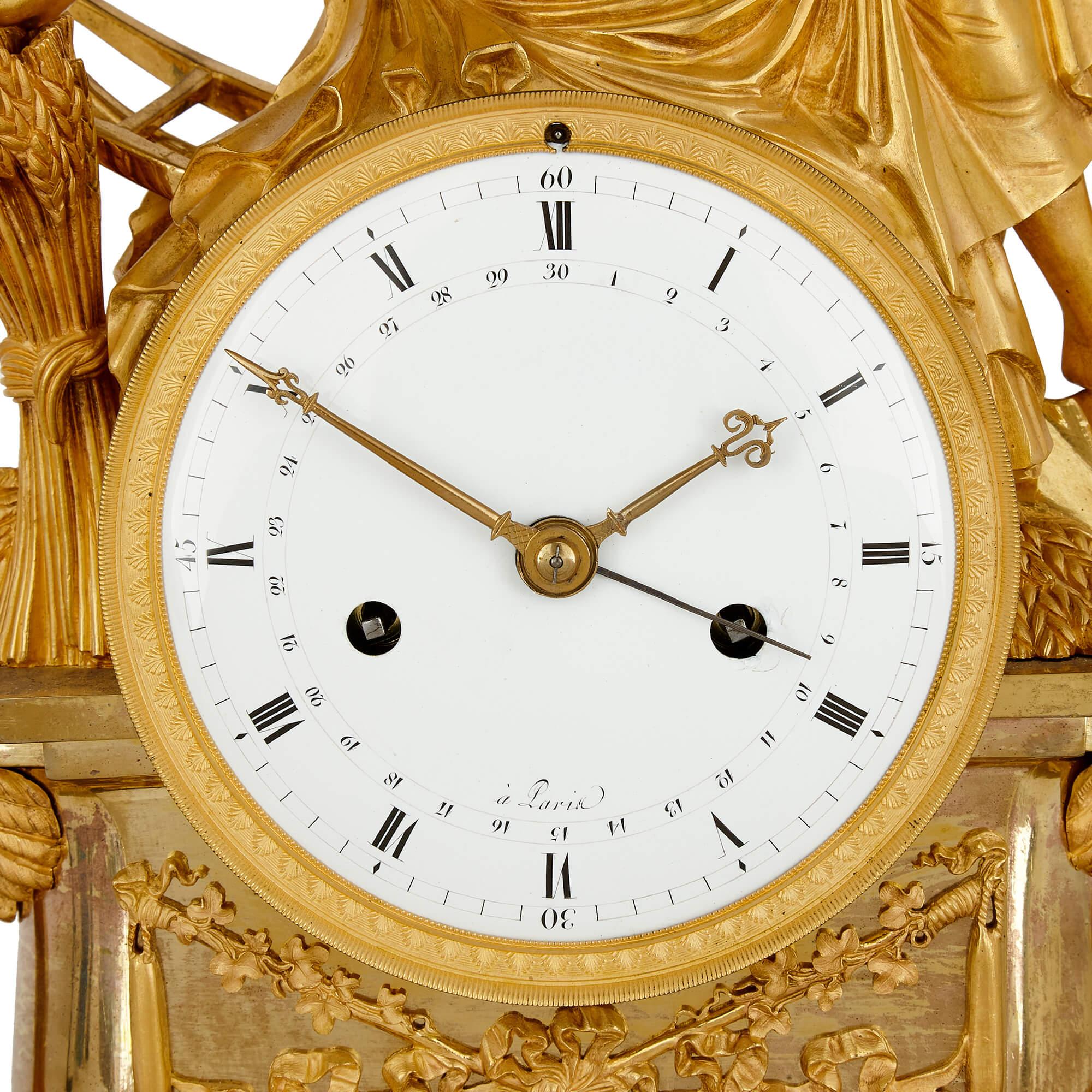 French Empire Period Ormolu and Enamel Ceres Mantel Clock After Thomire For Sale