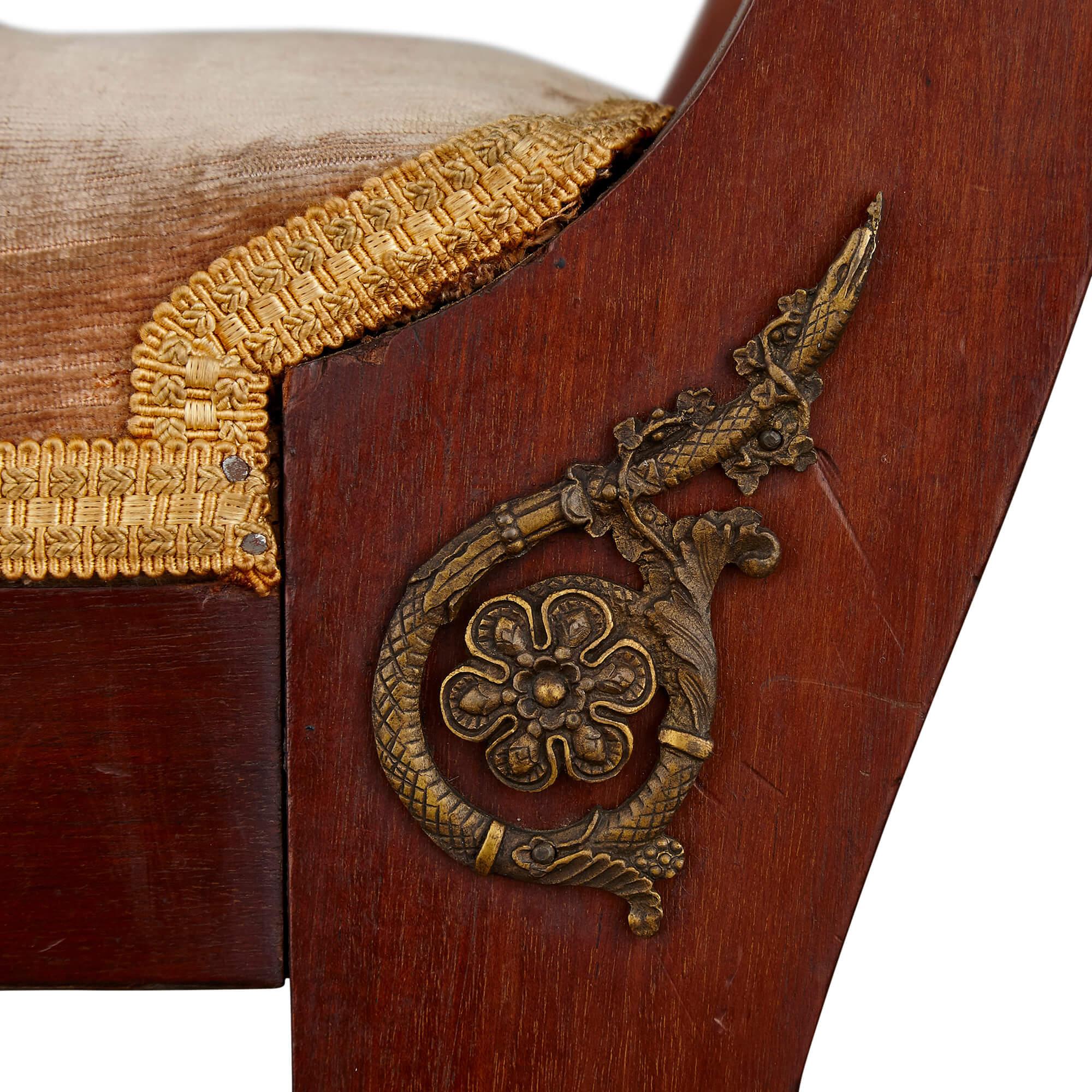Empire period ormolu and mahogany swans' heads stool In Good Condition For Sale In London, GB