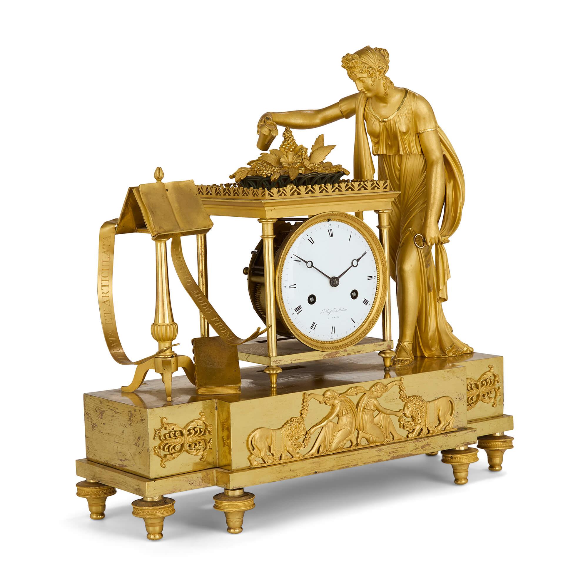 Empire period ormolu mantel clock by Le Roy et fils
French, c. 1810 
Height 36cm, width 37cm, depth 14cm

This refined mantel clock was created during the Empire period by the esteemed Parisian firm Le Roy et fils, celebrated for their elegant