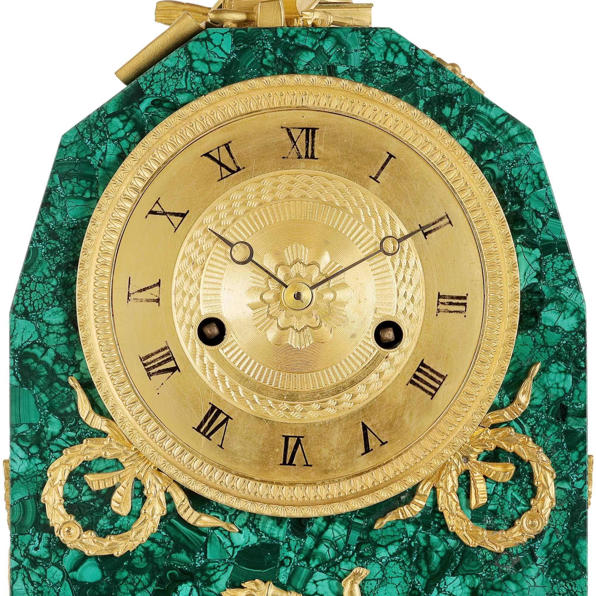 French Empire Period Ormolu Mounted Malachite Allegorical Mantel Clock For Sale
