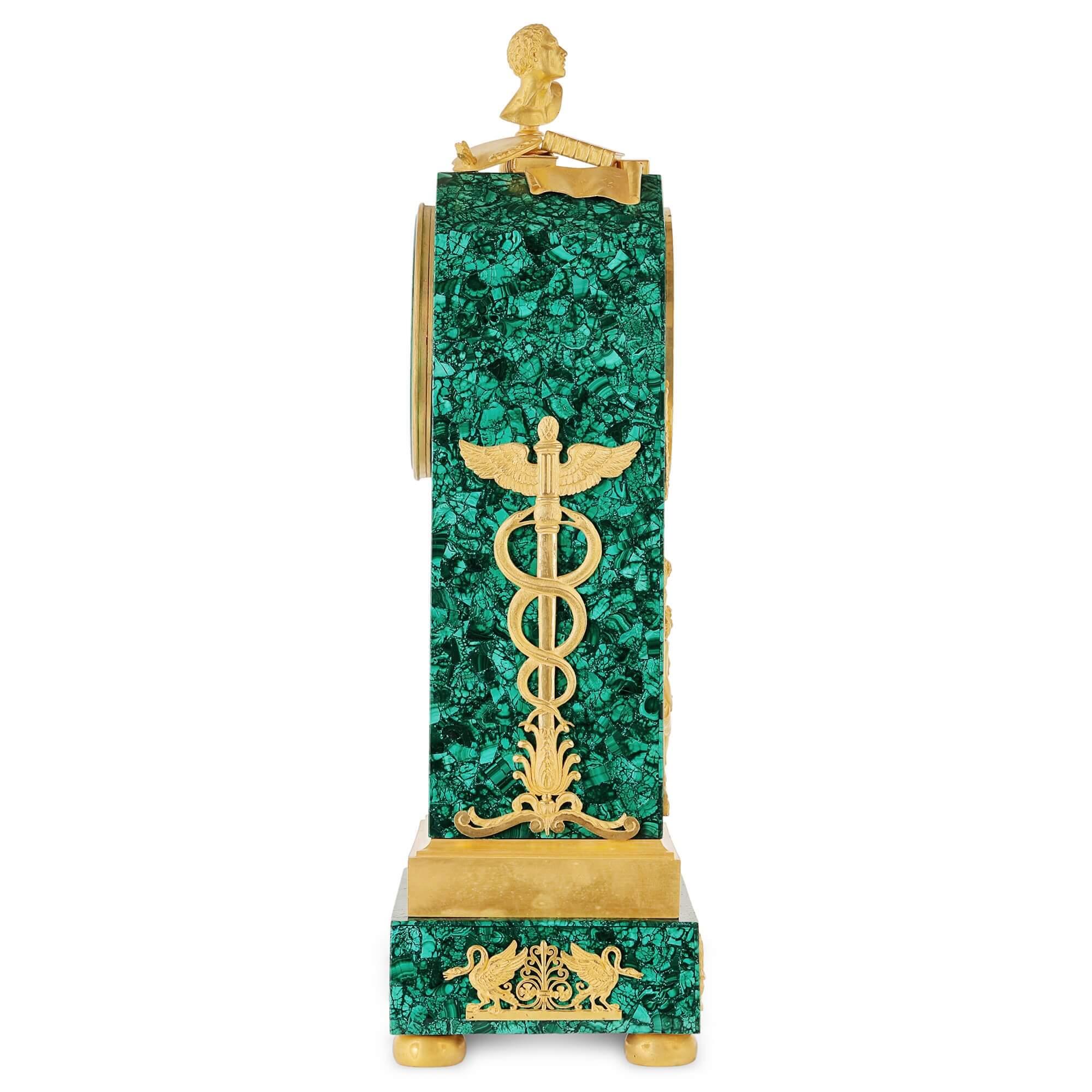 Gilt Empire Period Ormolu Mounted Malachite Allegorical Mantel Clock For Sale