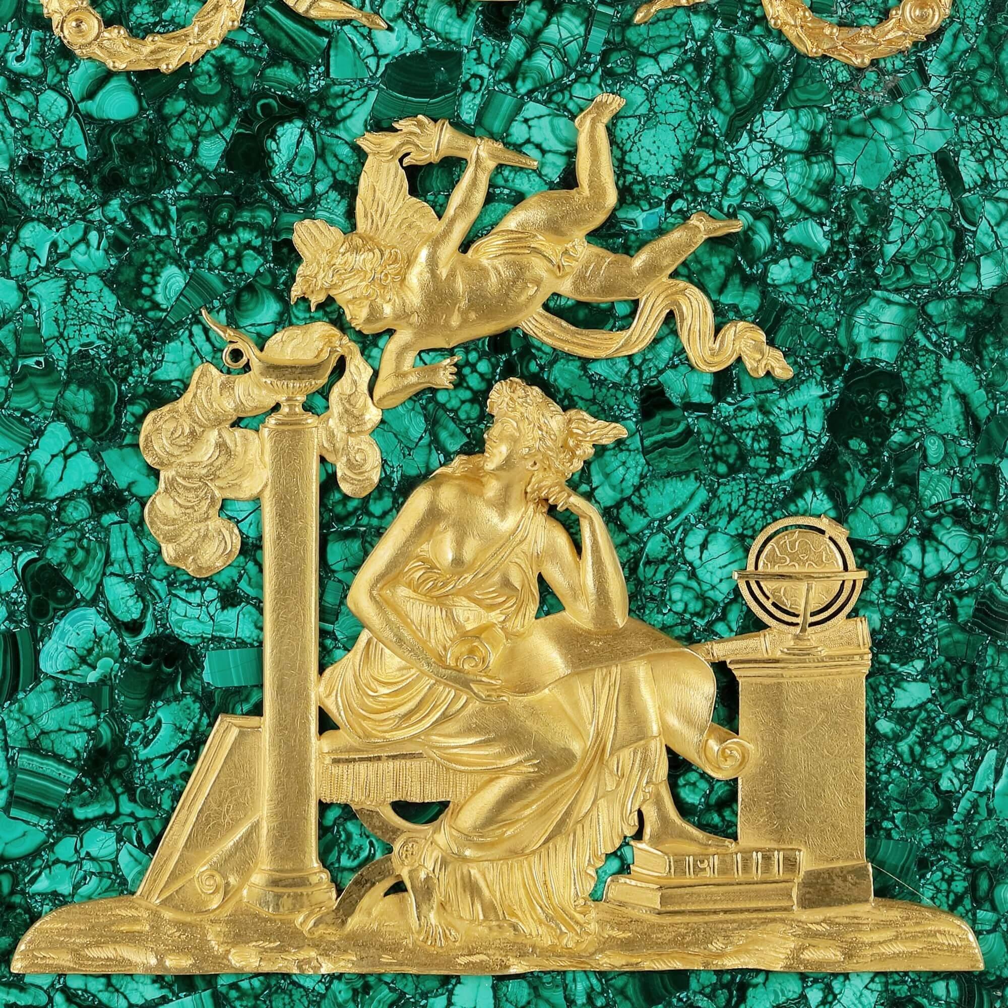 Empire Period Ormolu Mounted Malachite Allegorical Mantel Clock In Good Condition For Sale In London, GB