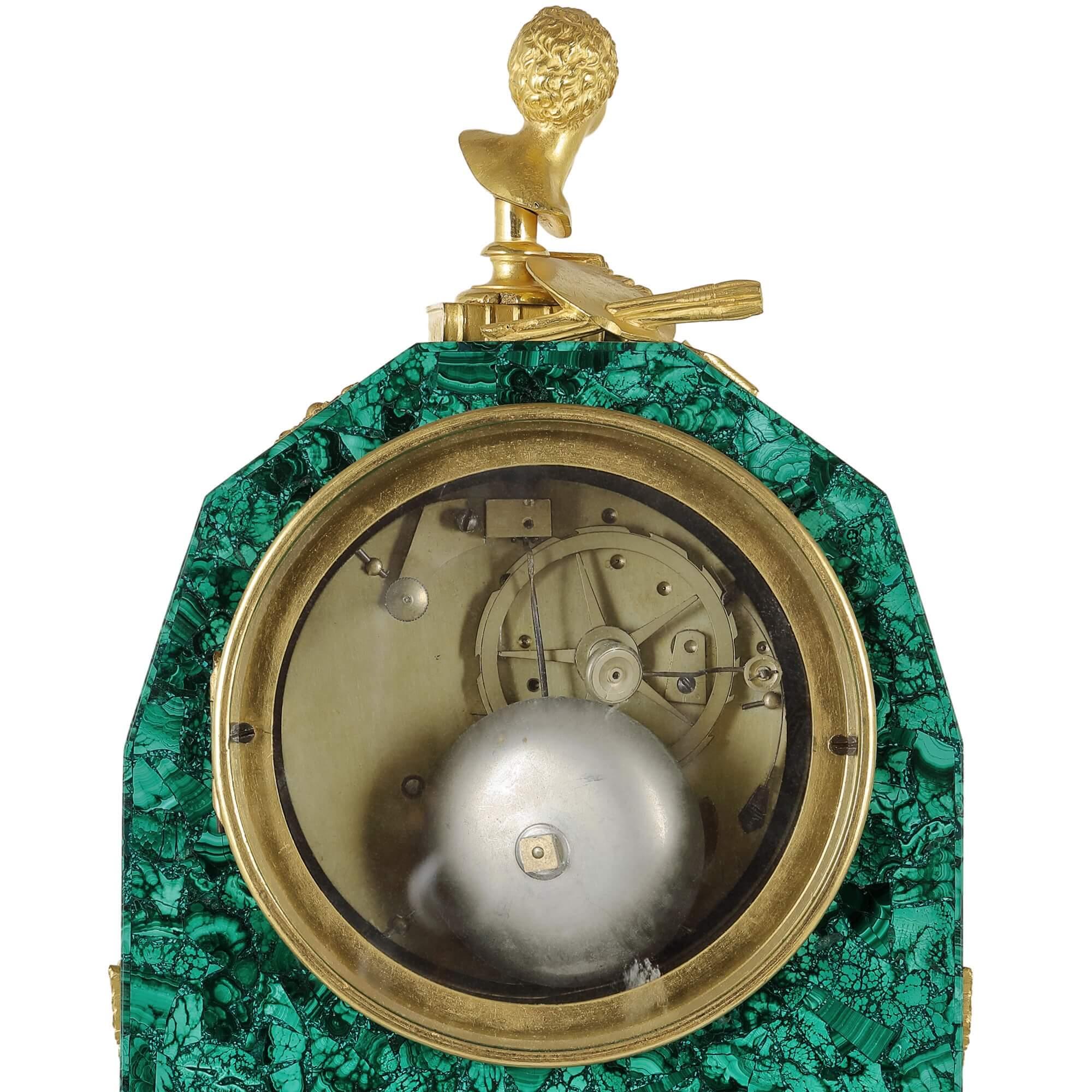 19th Century Empire Period Ormolu Mounted Malachite Allegorical Mantel Clock For Sale