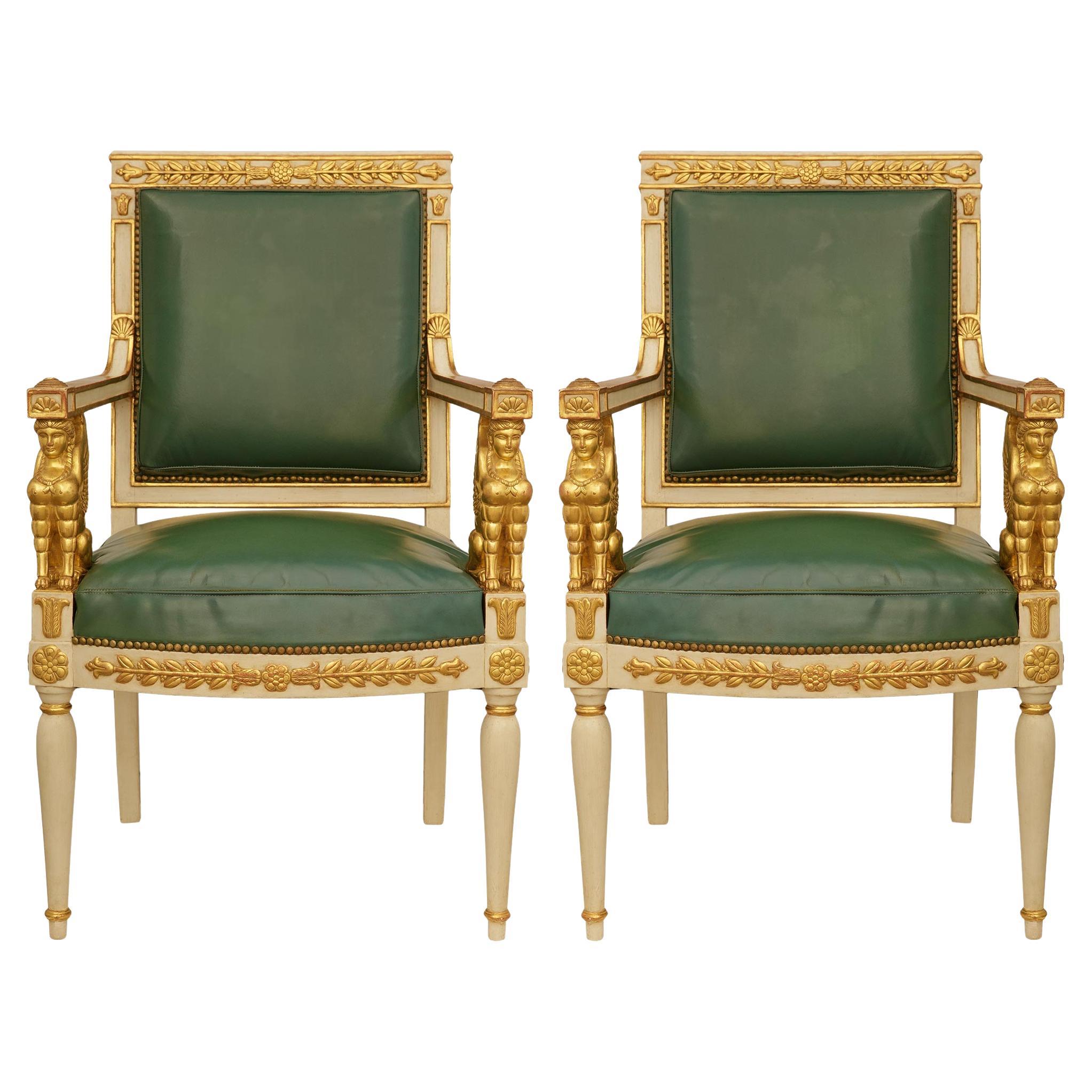 Empire Period patinated Wood and Giltwood armchairs For Sale