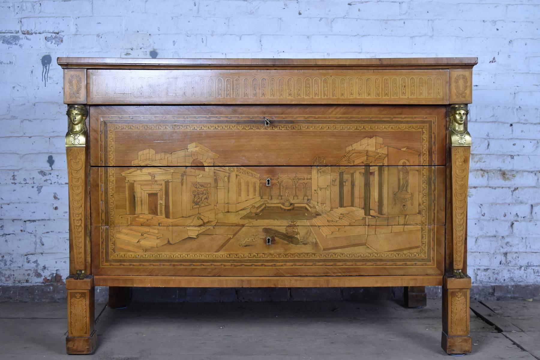 Inlay Italian Empire Perspective Marquetry Commode, Circle of Giuseppe Maffezzoli For Sale