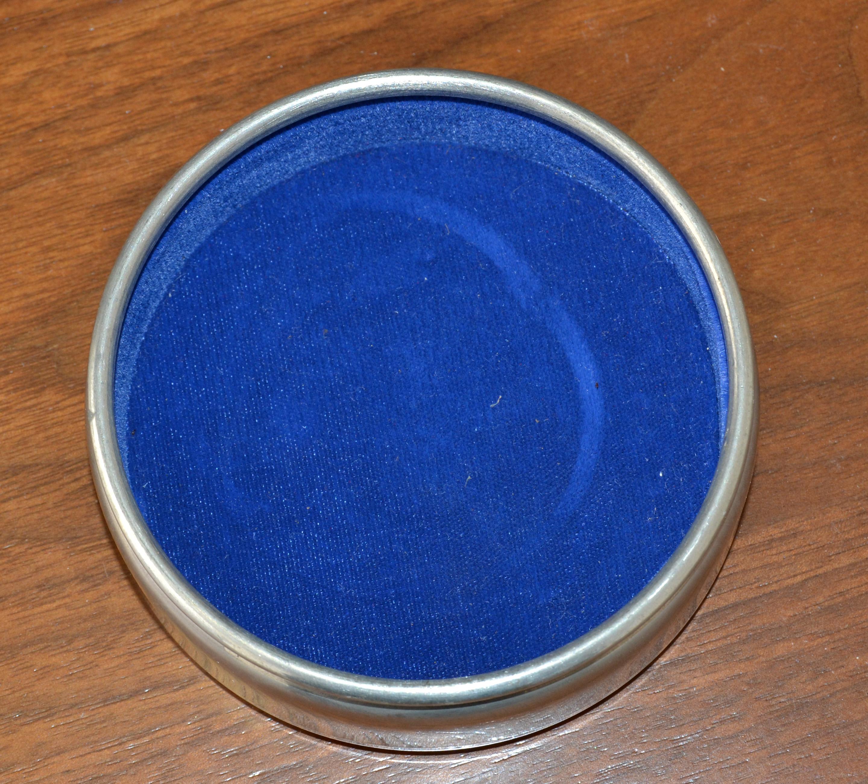 Scandinavian Modern Empire Pewter 701 Covered Trinket Ring Dish Decorative Box Blue Velvet Inlaid 89 For Sale