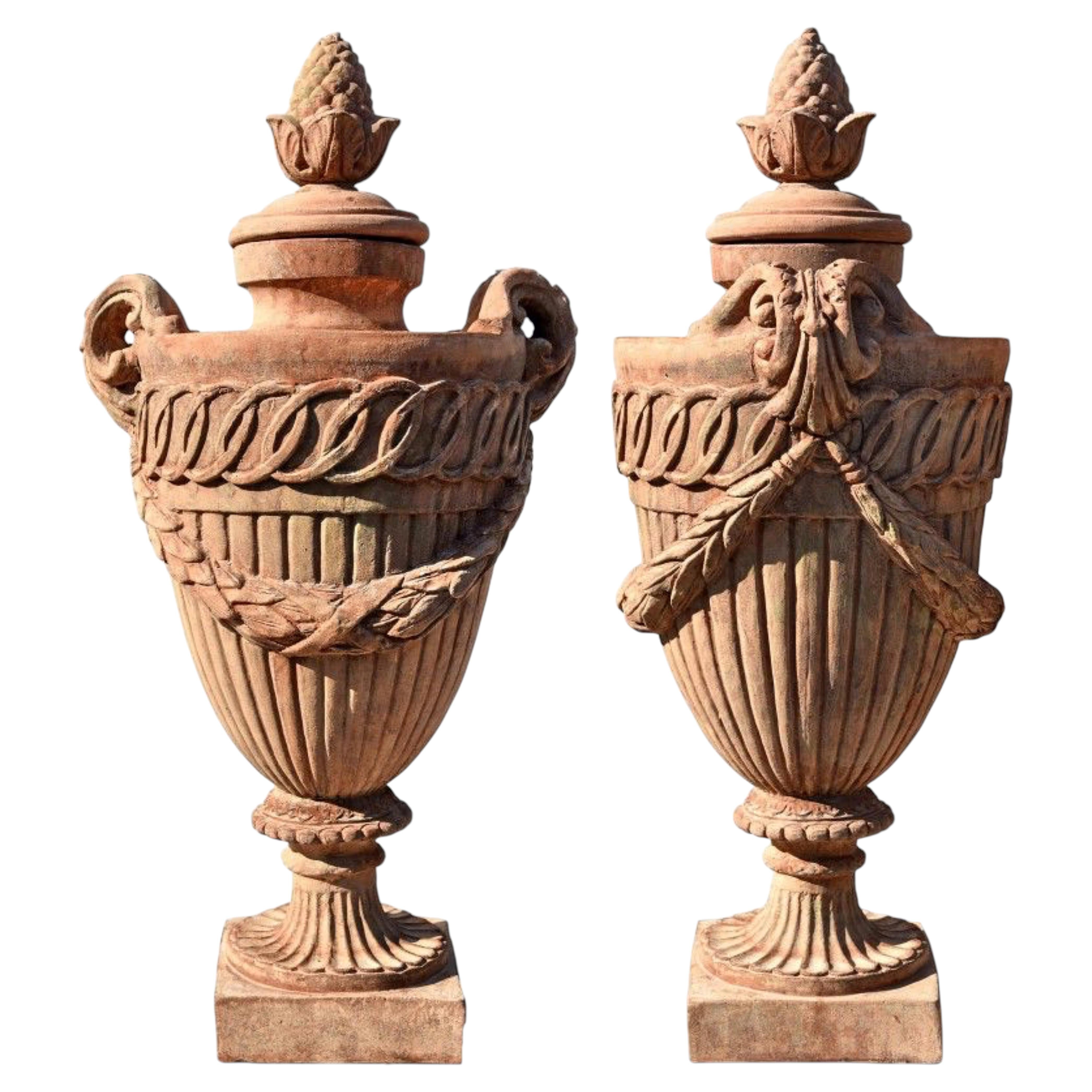 PAIR OF EMPIRE PILLAR CHALICE VASE - TERRACOTTA URN 21th Century