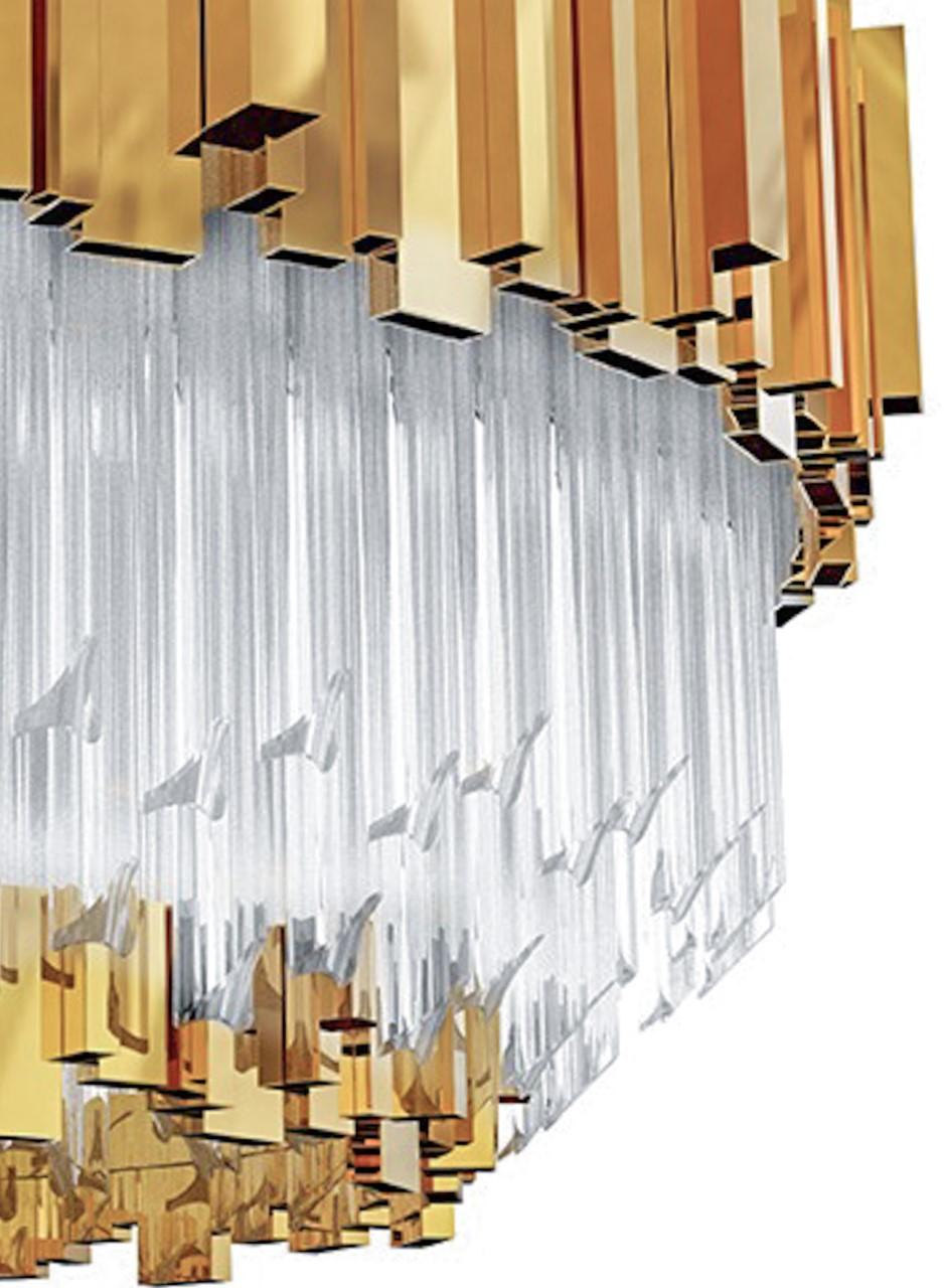 Round waterfall crystal and brass ceiling flush mount.