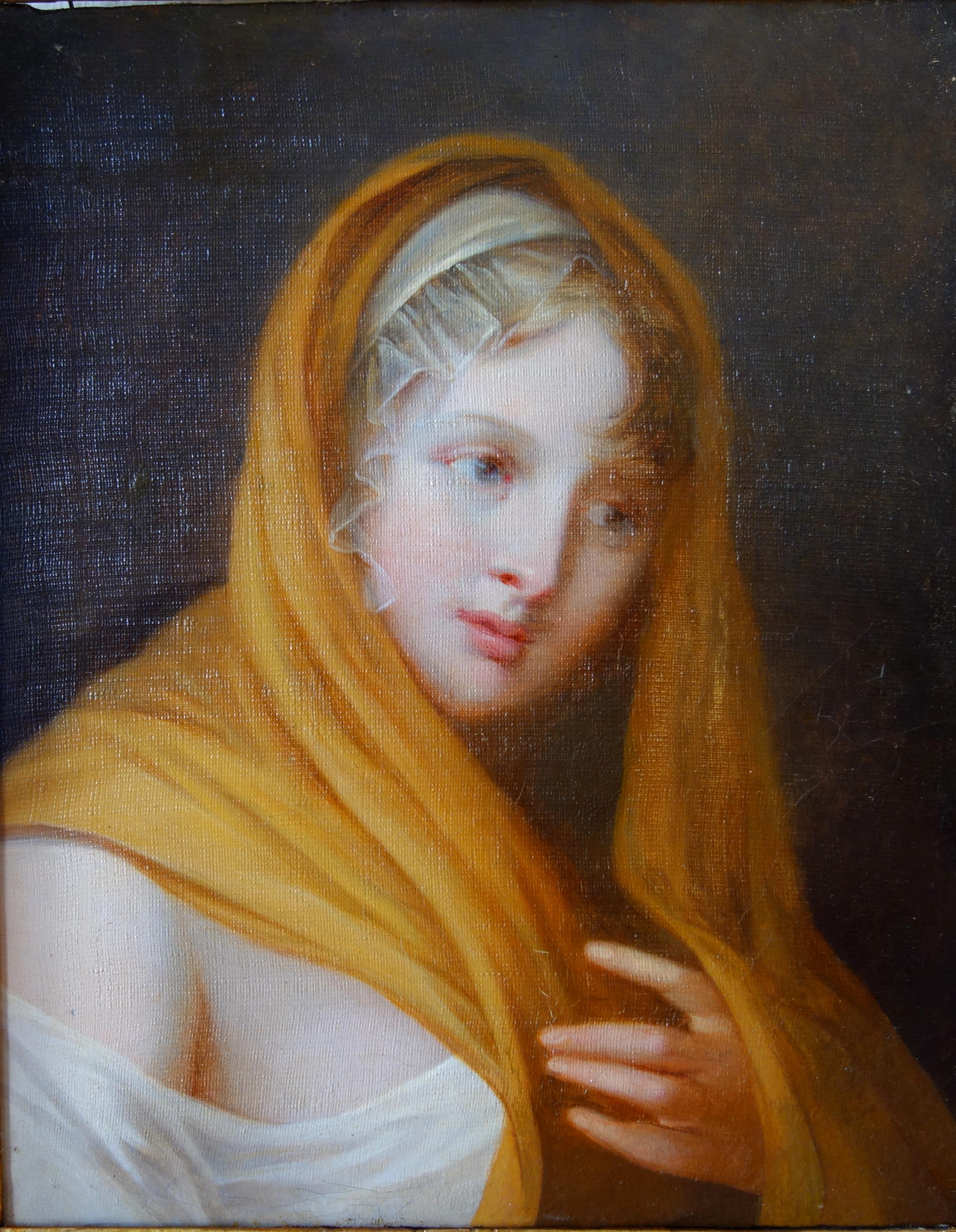 Early 19th century French school, fine Empire portrait featuring a young woman dressed in the antique manner as a vestal virgin (Empress Josephine's fashion), oil on canvas circa 1805 - 1810. It is set into its original Empire wood frame gilt with