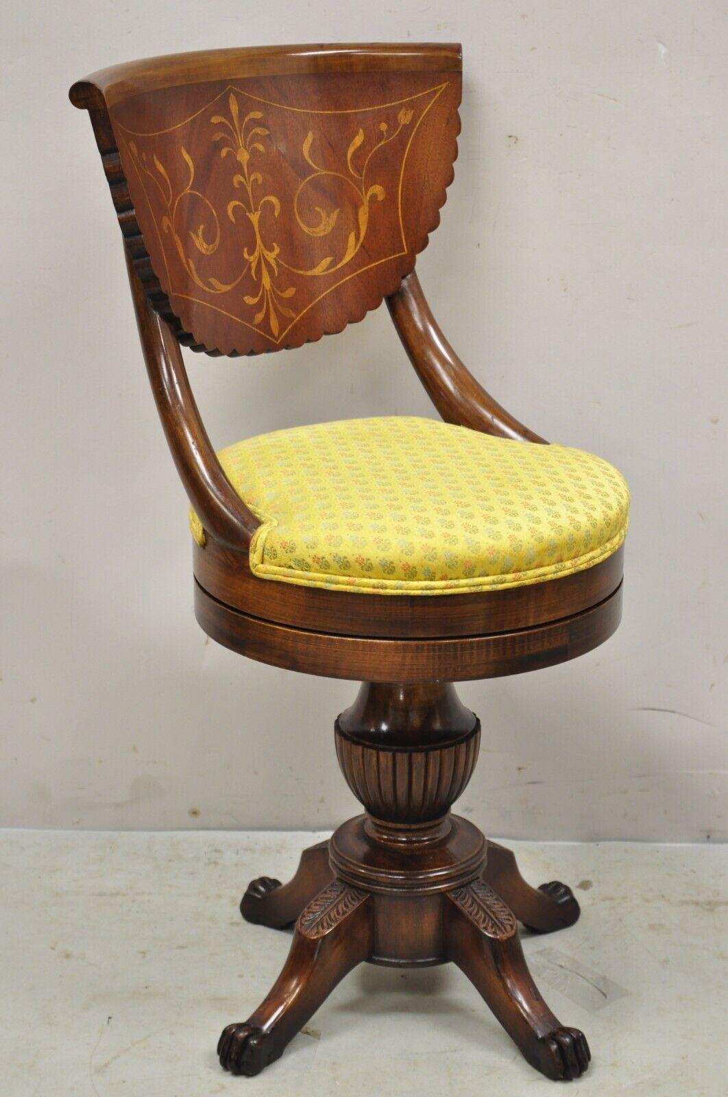 Antique Empire Regency Satinwood inlay mahogany Swivel Harpist stool vanity side chair. Item features Swivel seat, beautiful satinwood inlay, carved paw feet, pedestal base, solid wood frame, beautiful wood grain, nicely carved details. Circa Early