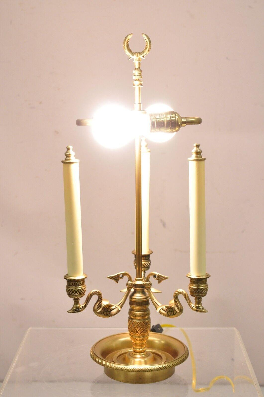 Empire Regency Style Brass Candlestick Bouillotte Desk Table Lamp with Swans (A). Item features 3 decorative candle sticks, brass lower dish, 3 winged swans, solid brass form, very nice vintage item. Mid to Late 20th Century. Measurements: 21