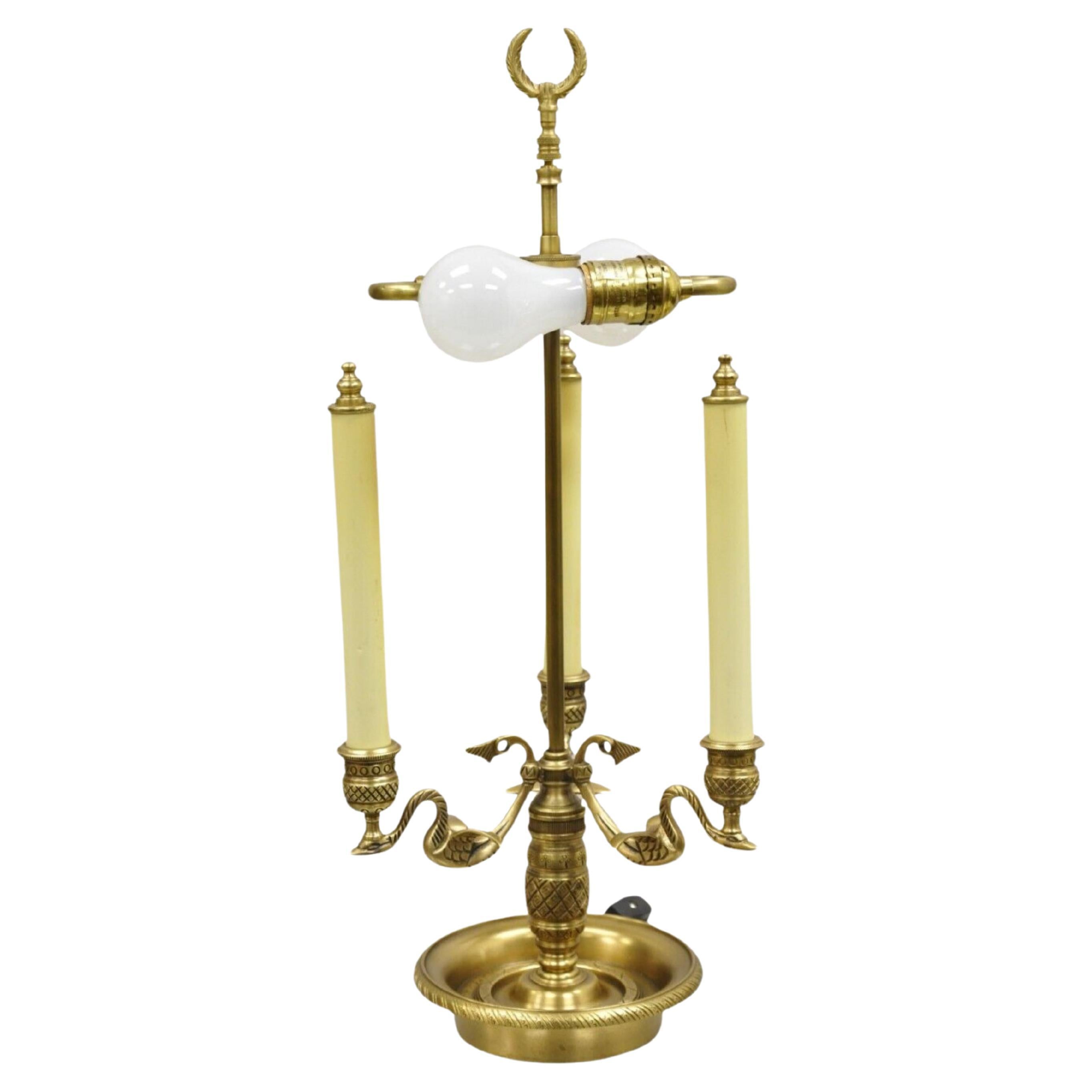 Empire Regency Style Brass Candlestick Bouillotte Desk Table Lamp with Swans (A) For Sale
