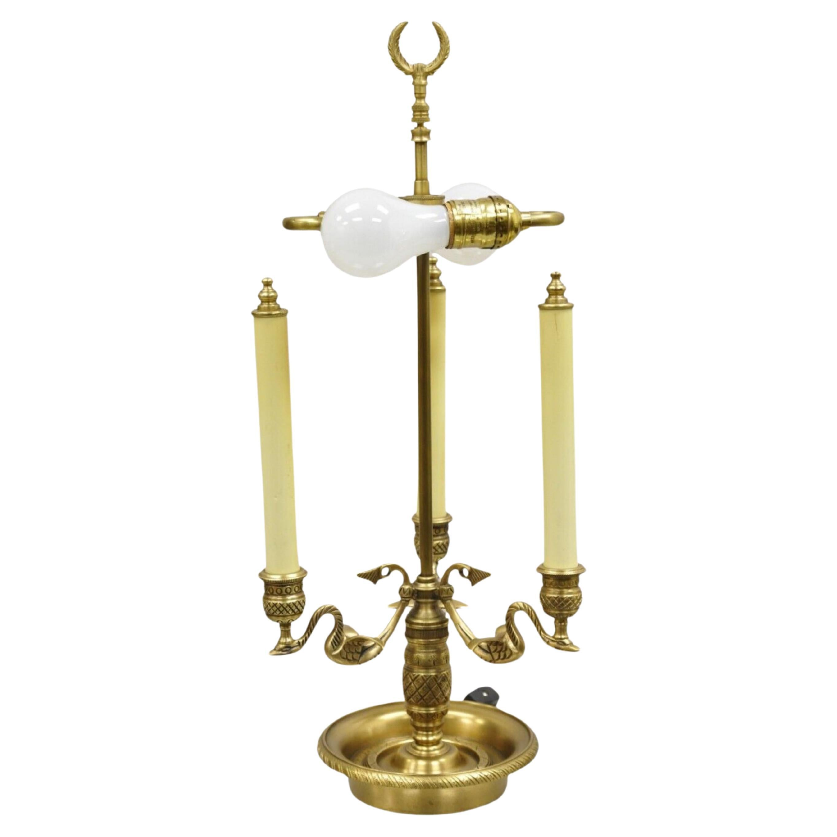 Empire Regency Style Brass Candlestick Bouillotte Desk Table Lamp with Swans (A)