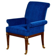 Empire Revival Arm Chair with Brass Trim and New Peacock Blue Upholstery