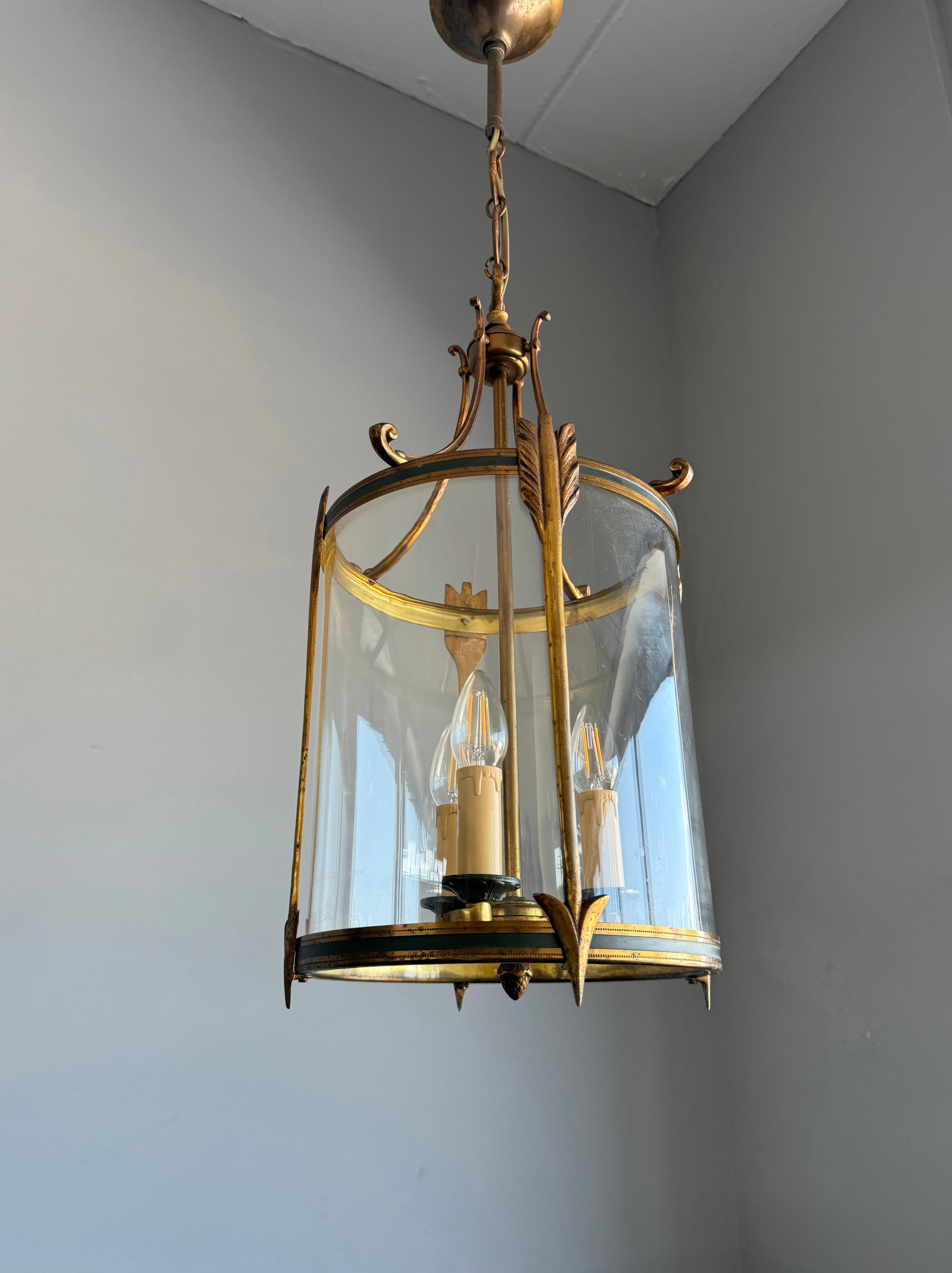 Cast Empire Revival Bronze and Glass Lantern with Arrow Detailing, France, circa 1900 For Sale
