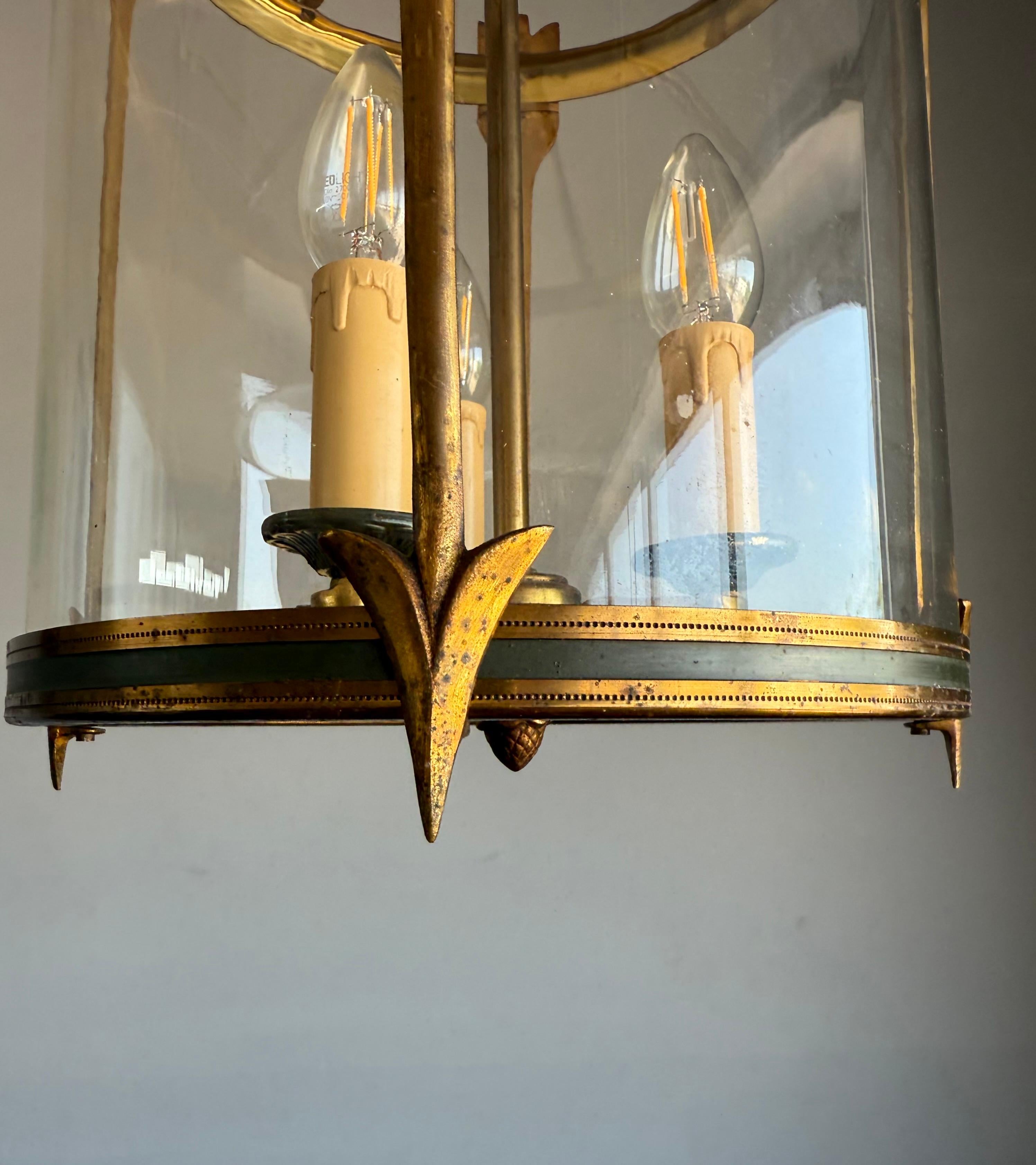 Brass Empire Revival Bronze and Glass Lantern with Arrow Detailing, France, circa 1900 For Sale