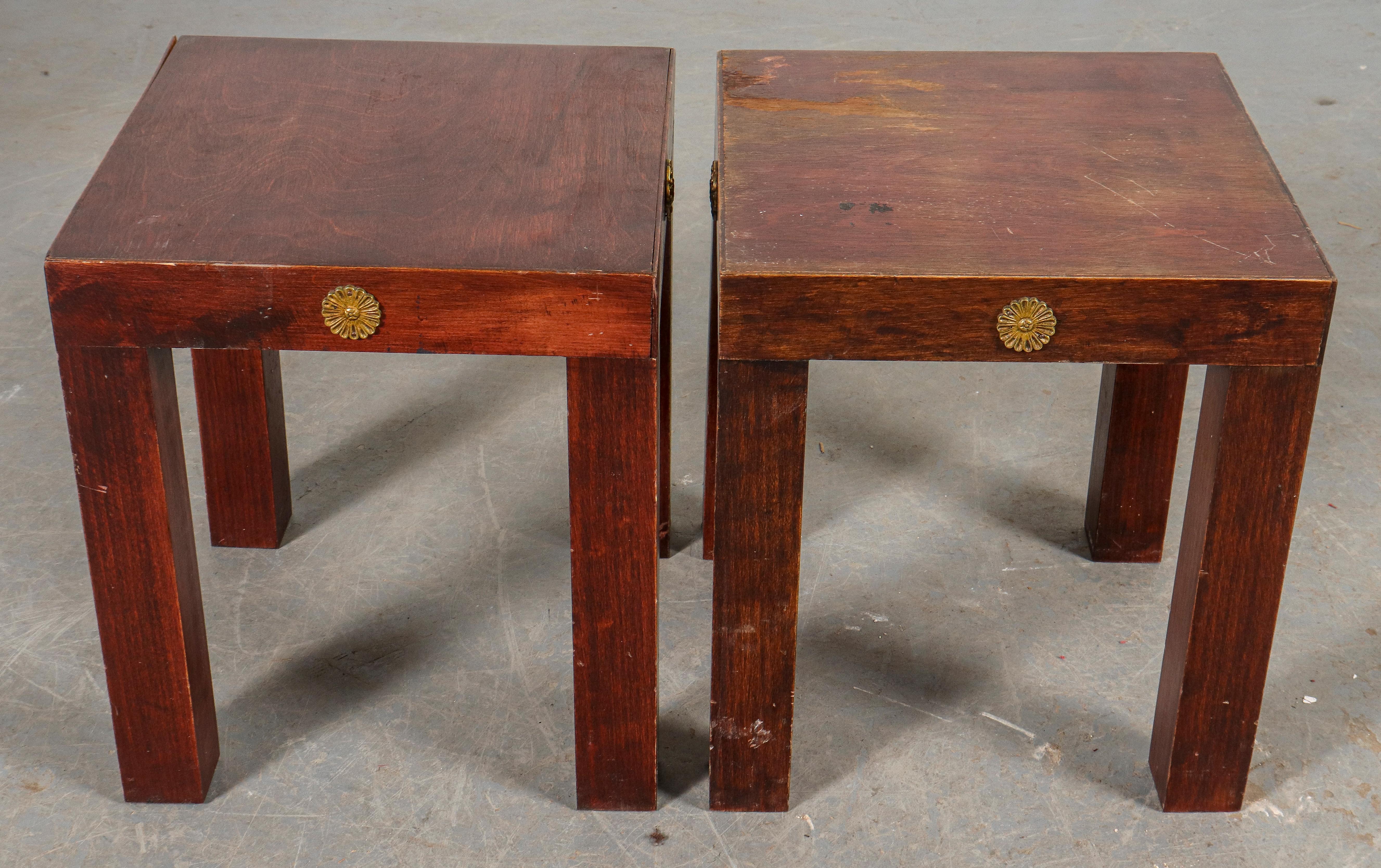 Empire Revival pair of diminutive wood pedestal tables or side tables with gilt metal embellishment. Measures: 16