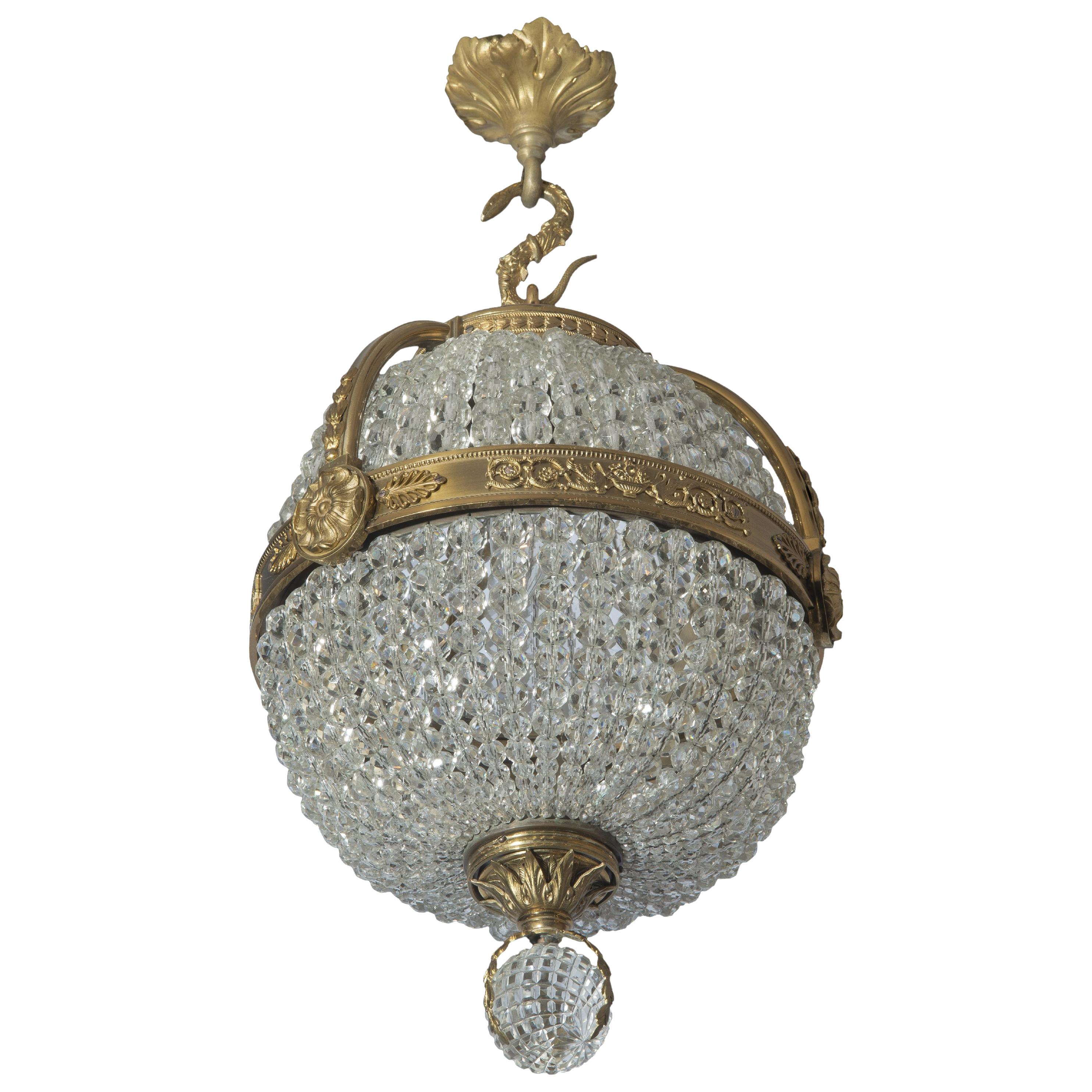 Lustre à suspension néo-empire en bronze doré et verre taillé, vers 1910