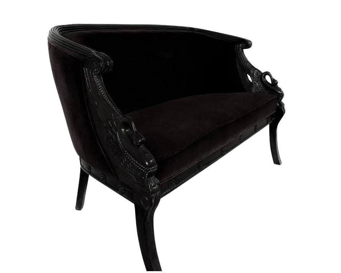Empire Revival Lacquered Swan Neck Settee, 20th Century In Excellent Condition For Sale In Dallas, TX