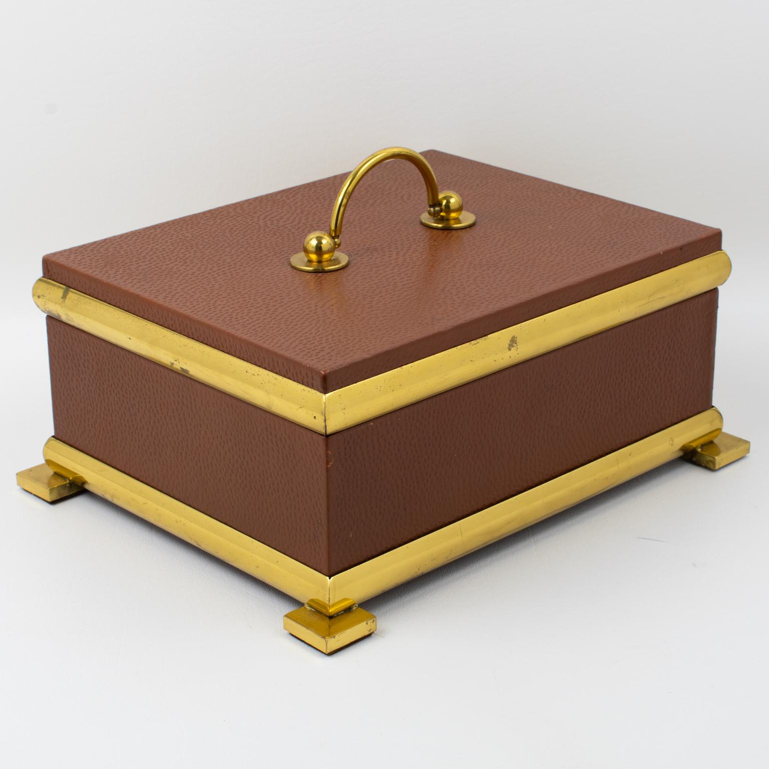 Boîte décorative Empire Revive en cuir et laiton, Italie années 1950 en vente 5