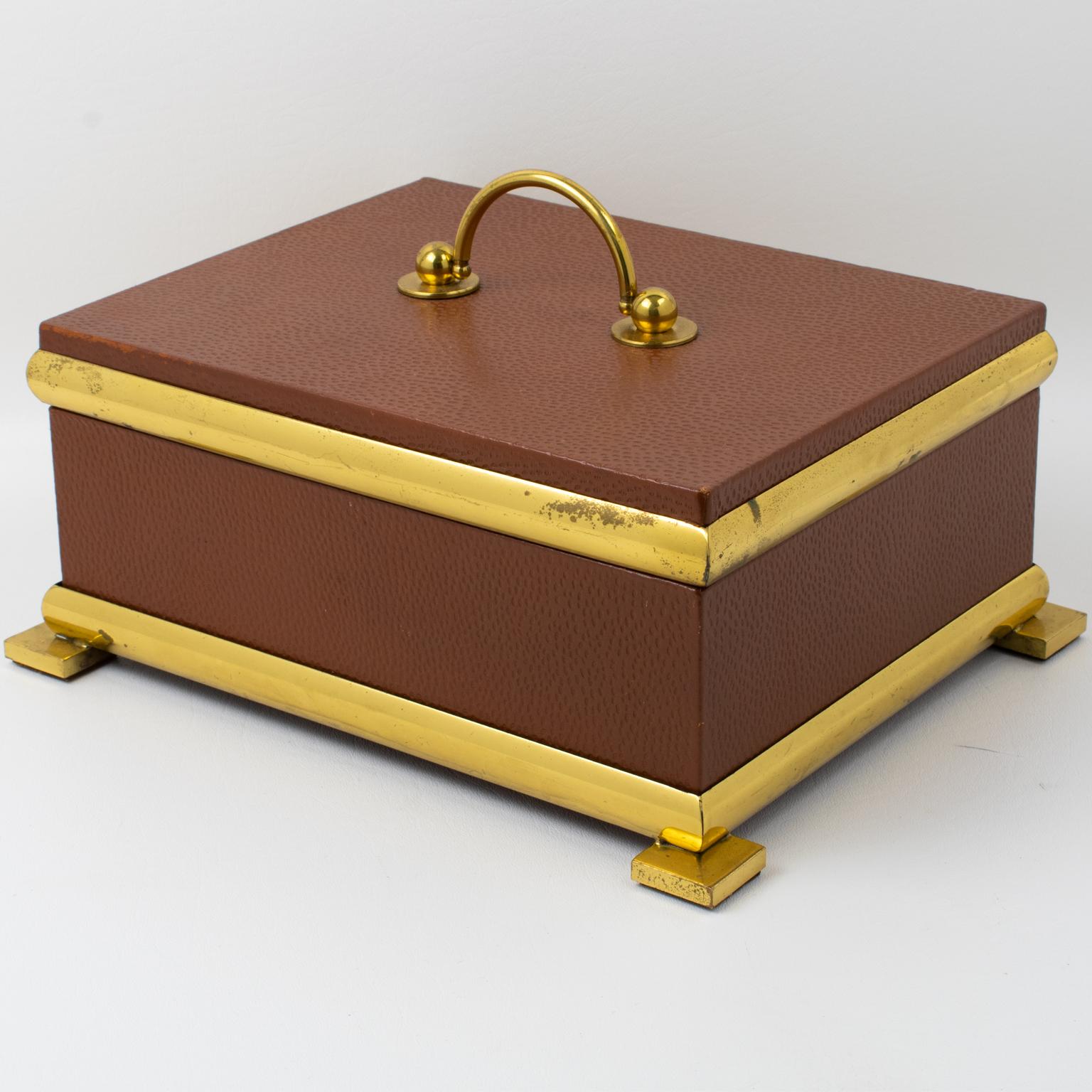 Boîte décorative Empire Revive en cuir et laiton, Italie années 1950 en vente 7