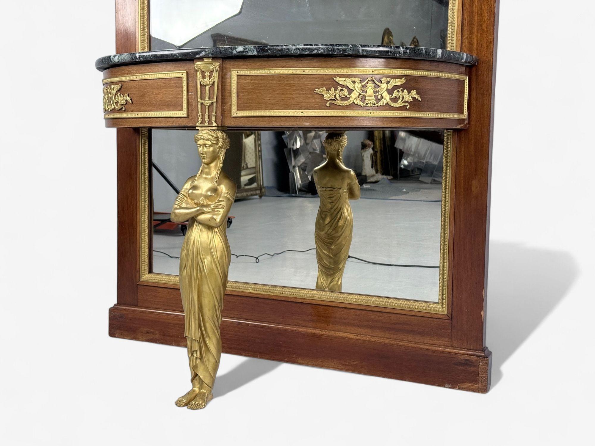 Bronzo Specchio e console monumentale in mogano e bronzo, Francia, XIX secolo. in vendita