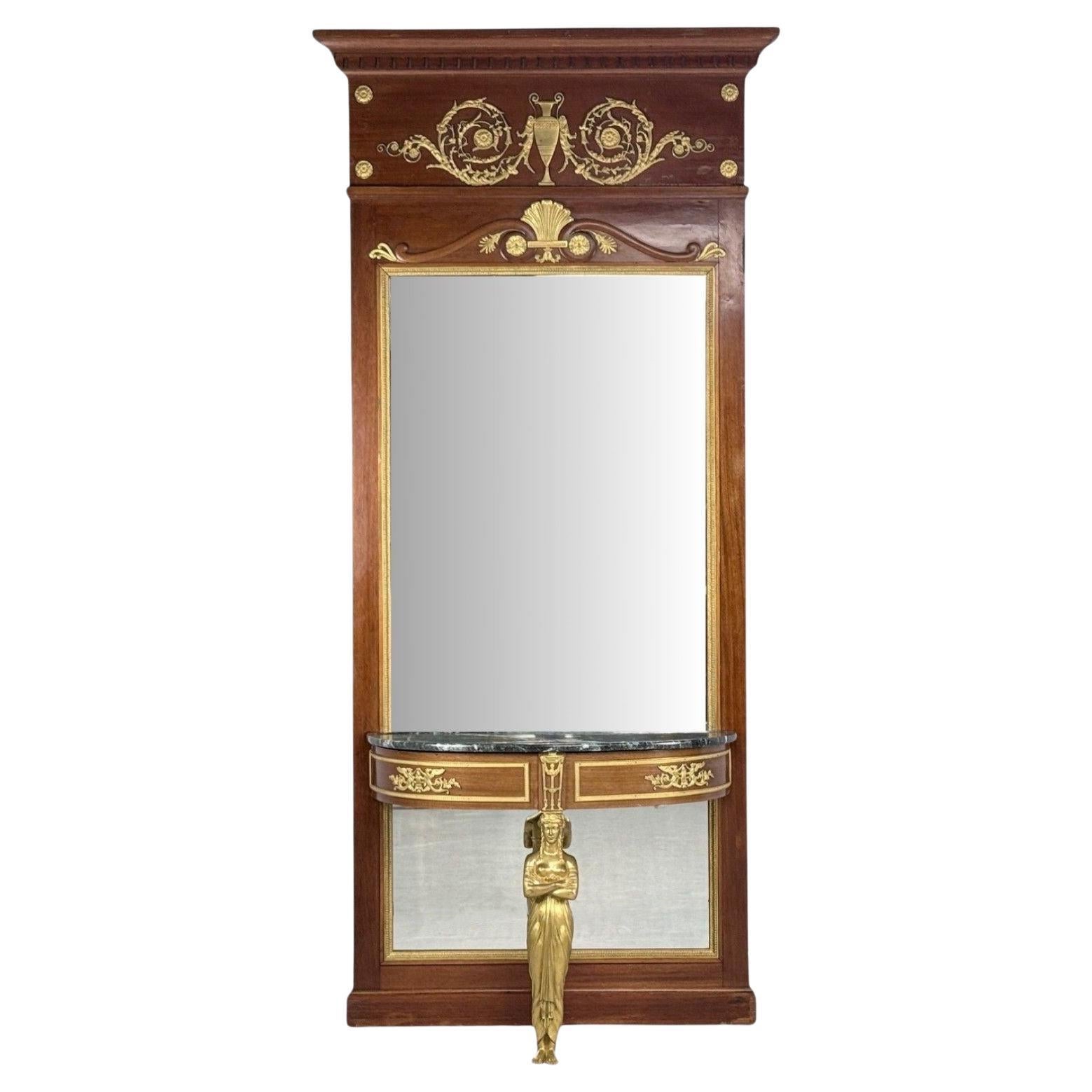 Specchio e console monumentale in mogano e bronzo, Francia, XIX secolo. in vendita