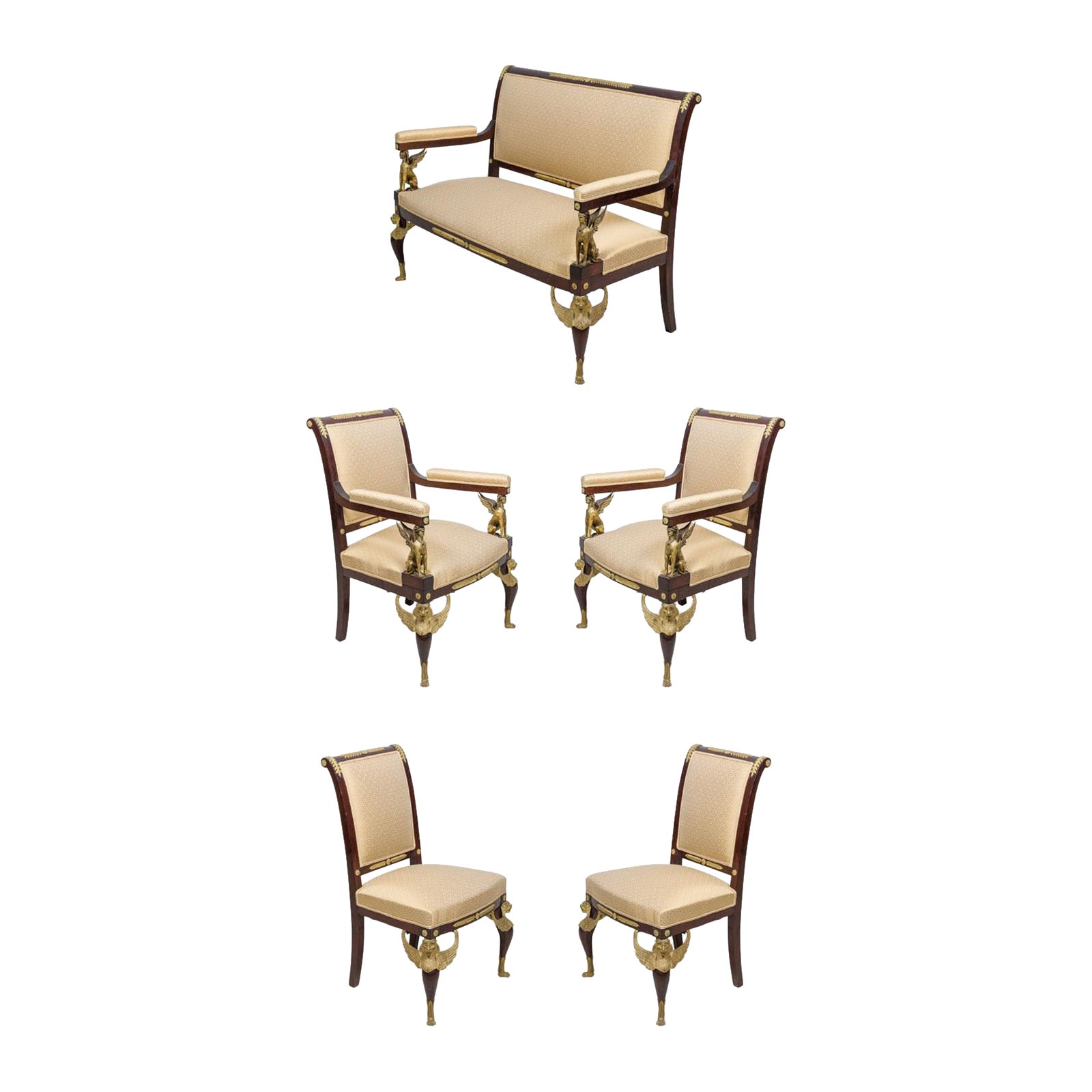 Empire Revival Upholstered Mahogany and Ormolu 7-Piece Salon Set