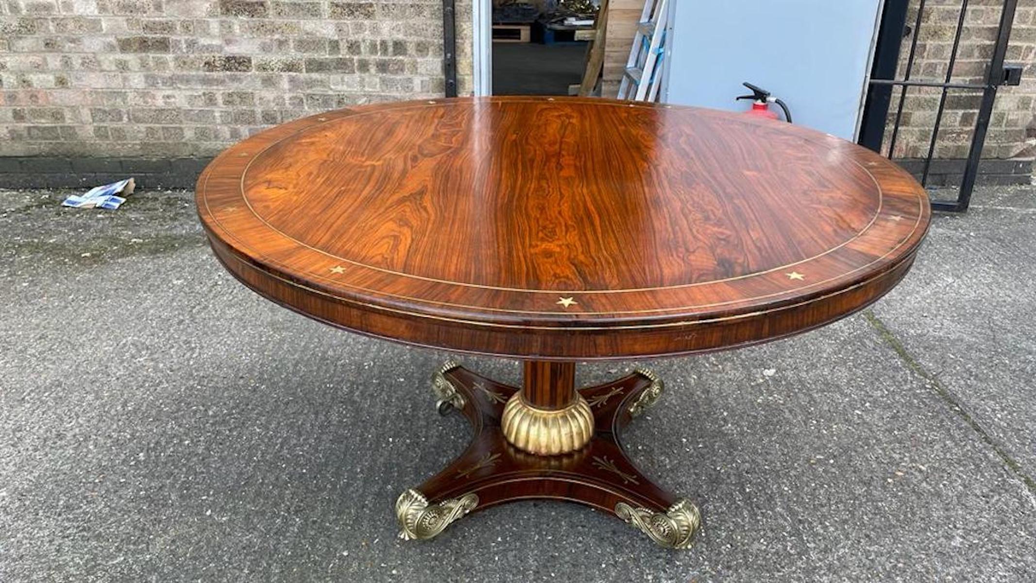 European French Empire Rosewood & Brass-Inlaid Dining Table, 19th Century For Sale