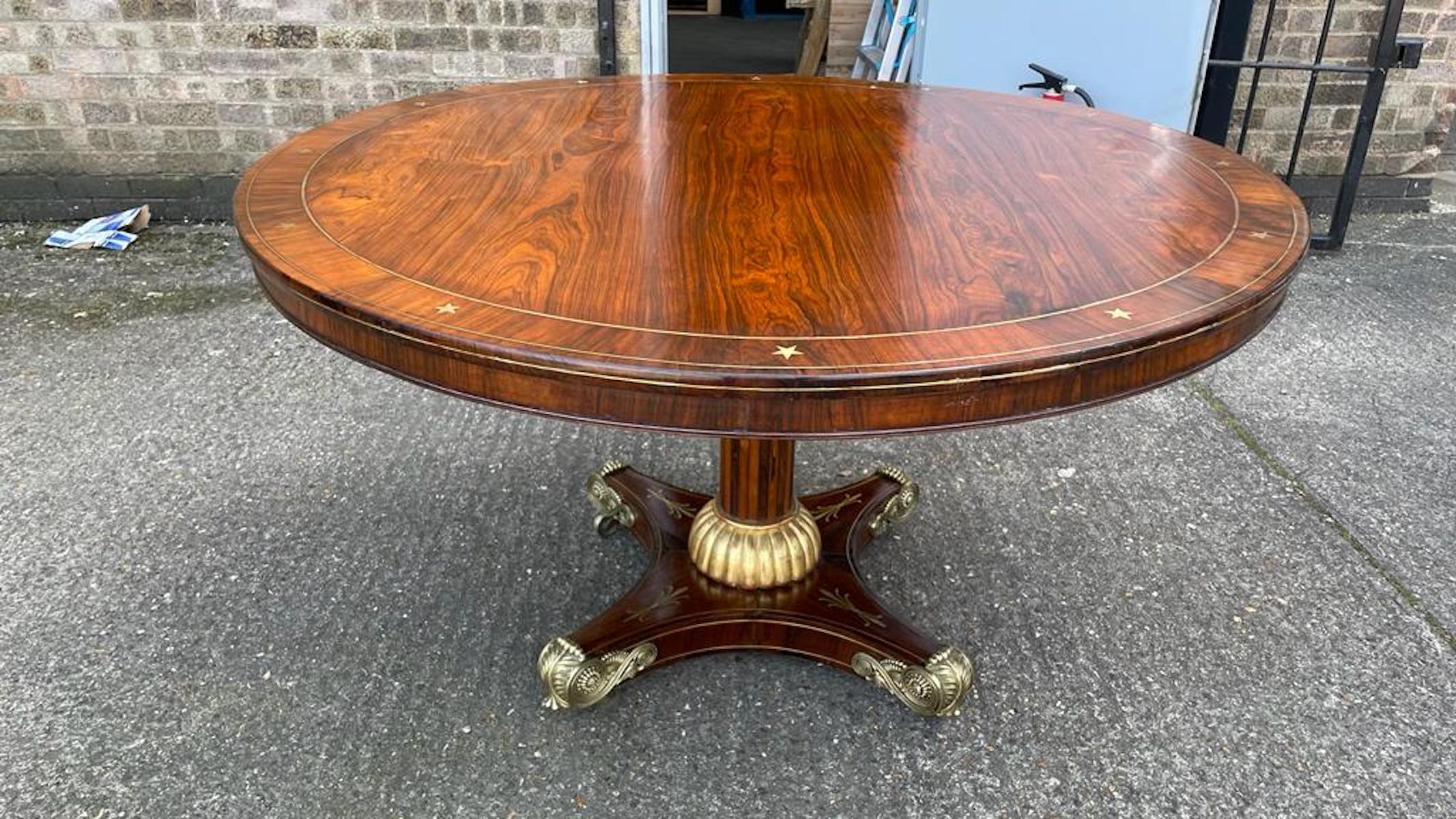 French Empire Rosewood & Brass-Inlaid Dining Table, 19th Century In Excellent Condition For Sale In Southall, GB