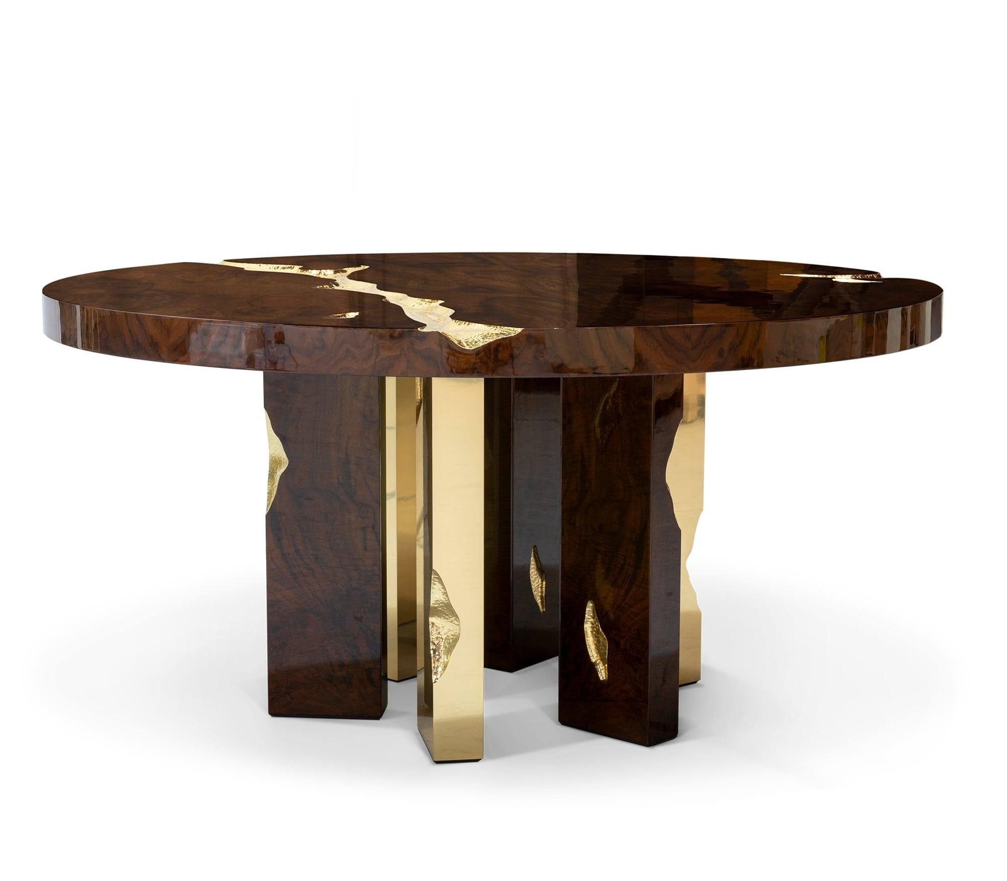 Modern Empire Round Dining Table in Mahogany Wood and Brass Details by Boca Do Lobo For Sale