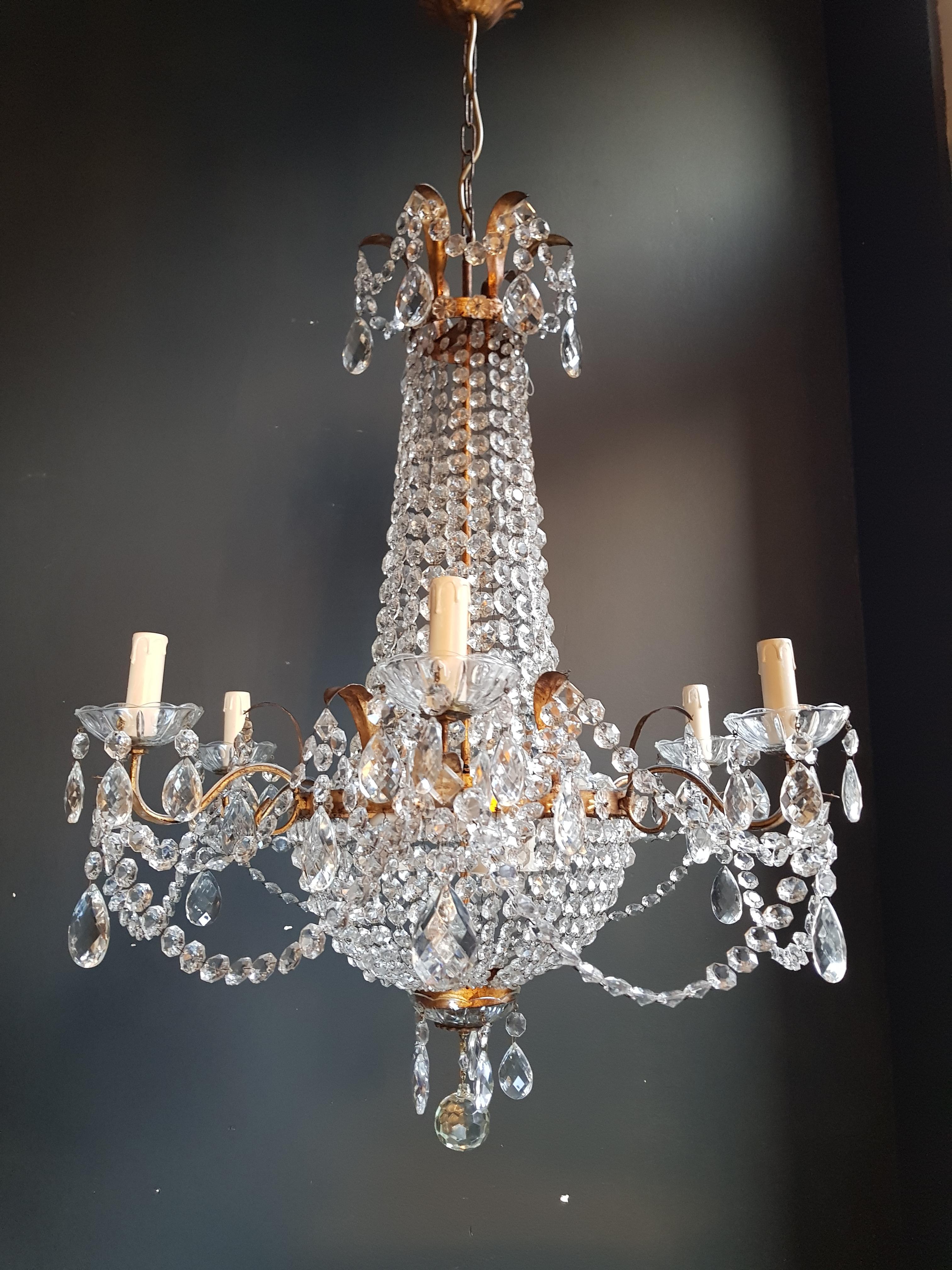 European Empire Sac a Pearl Iron Chandelier Crystal Lustre Ceiling Lamp Basket Antique