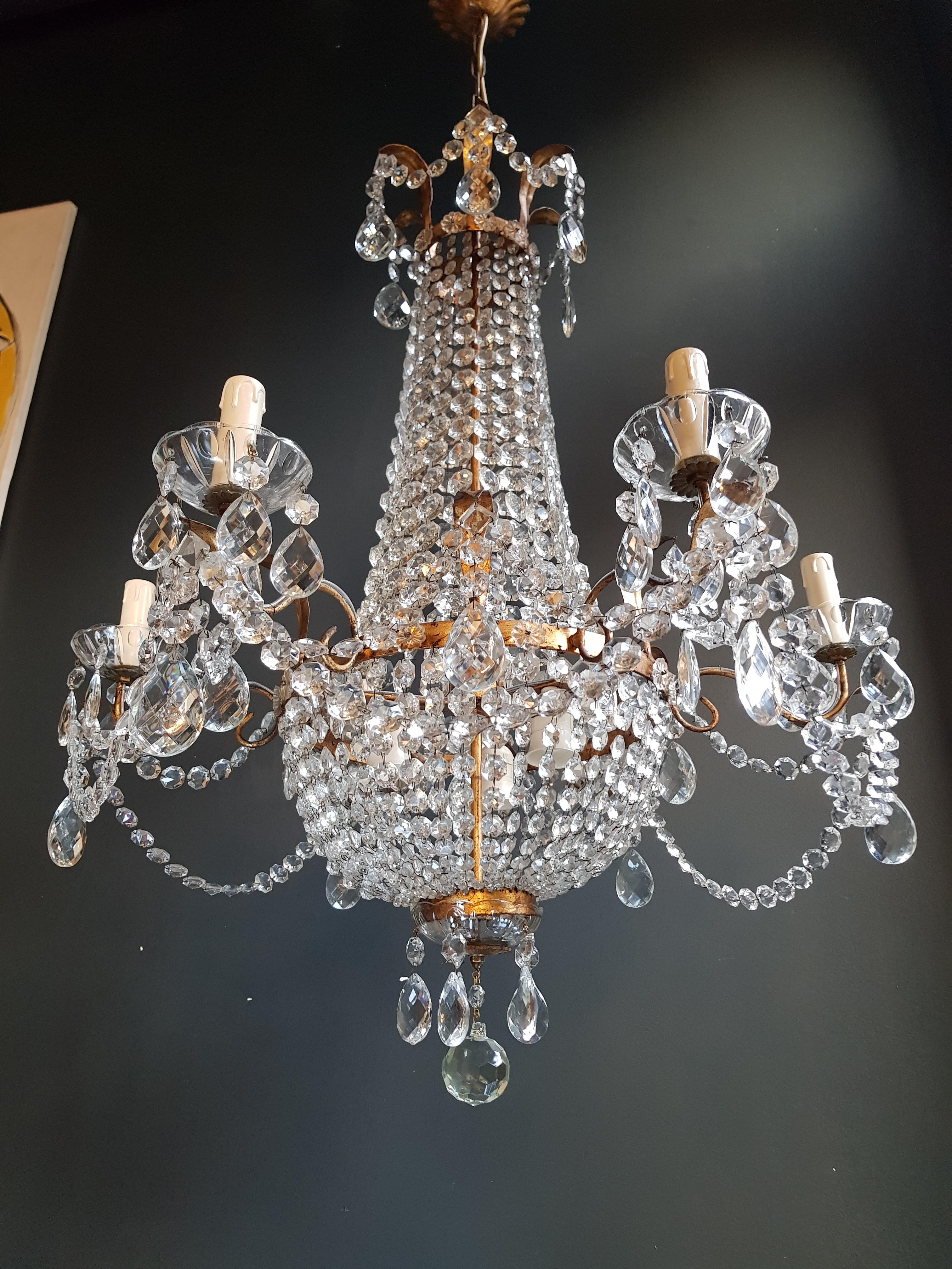 Empire Sac a Pearl Iron Chandelier Crystal Lustre Ceiling Lamp Basket Antique In Good Condition In Berlin, DE