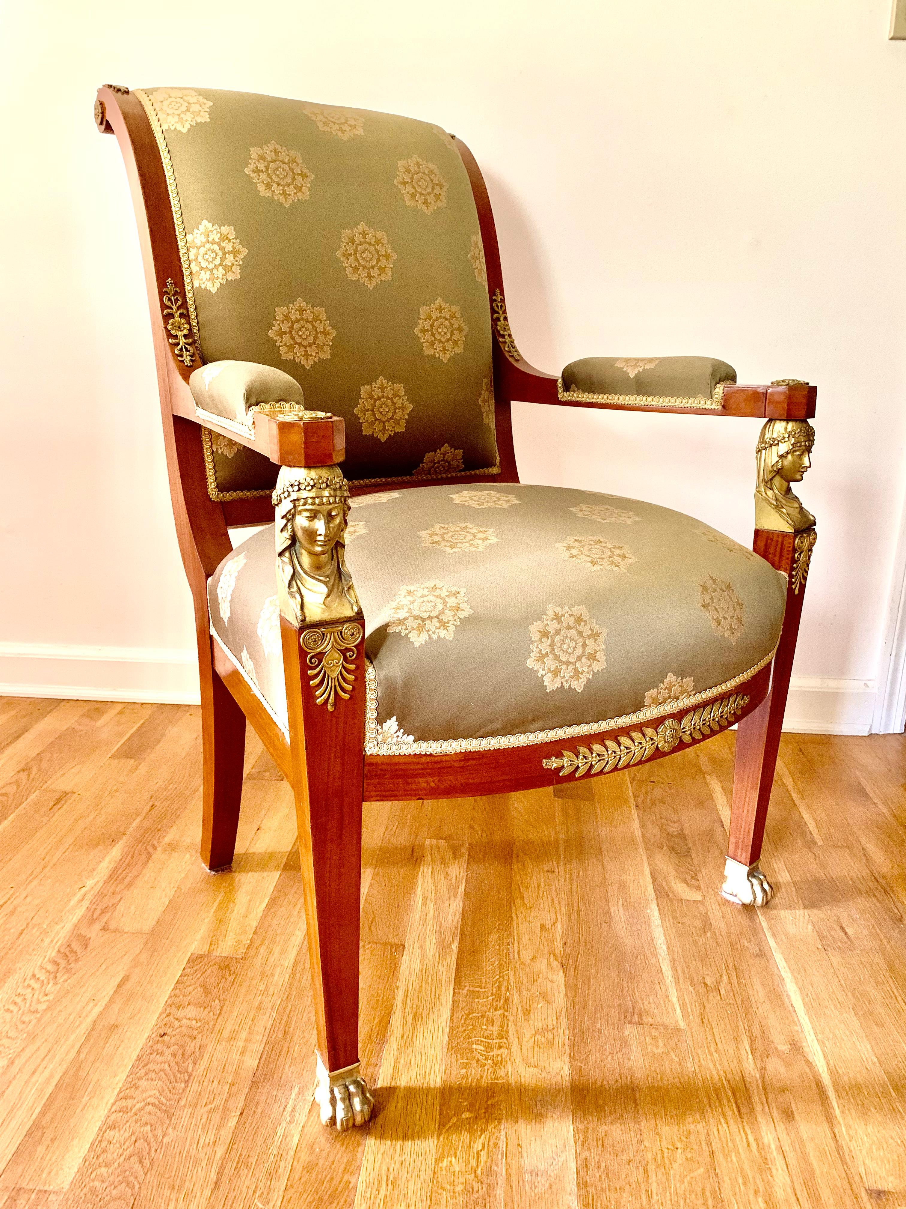 Empire Satinwood Figural Gilt Bronze Mounted Fauteuil de Bureau, 19th Century For Sale 8