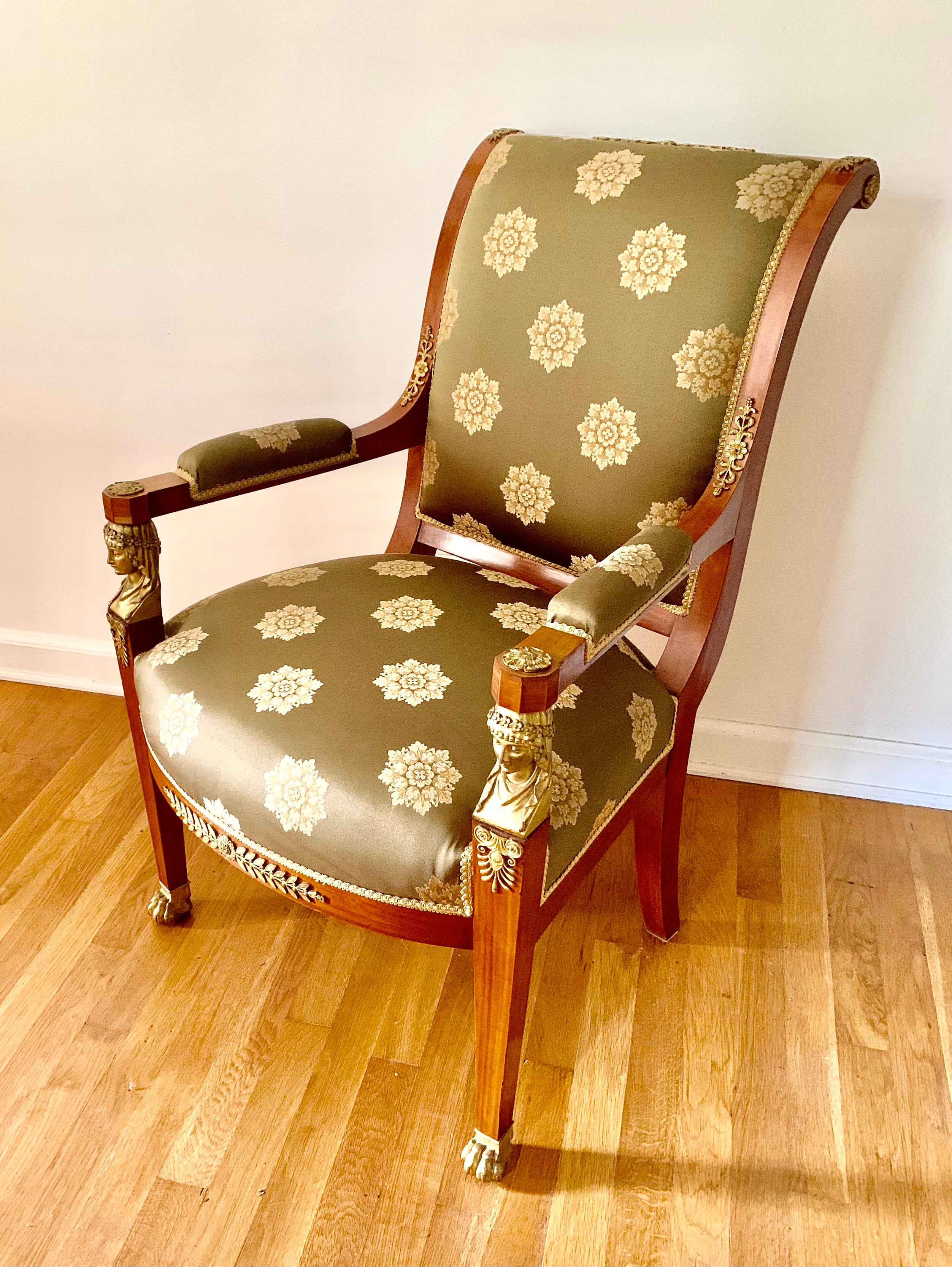 Empire Satinwood Figural Gilt Bronze Mounted Fauteuil de Bureau, 19th Century For Sale 12