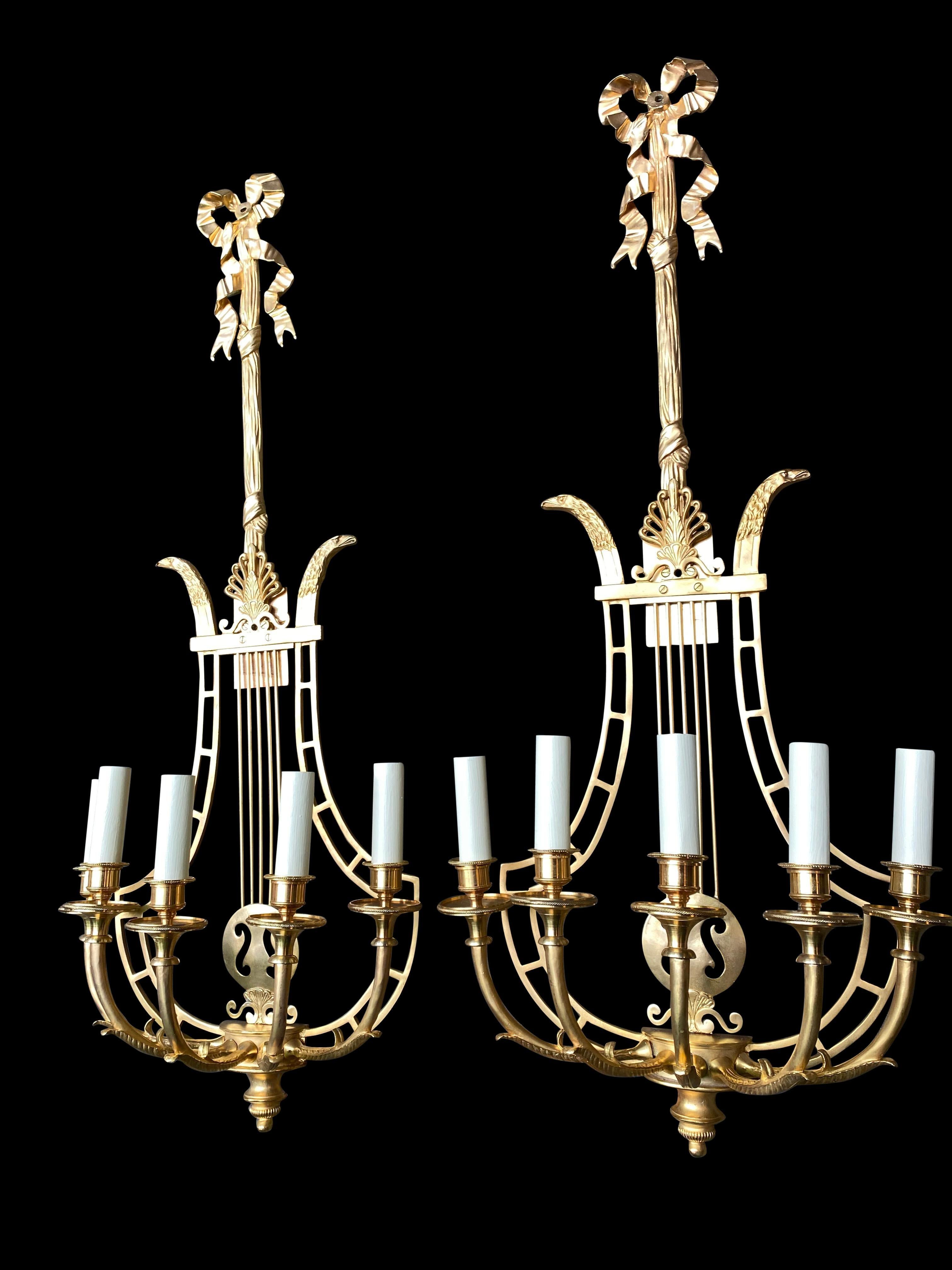 Empire Sconces, French Ormolu Wall Light Candelabras Lyre, 20th Century For Sale 11