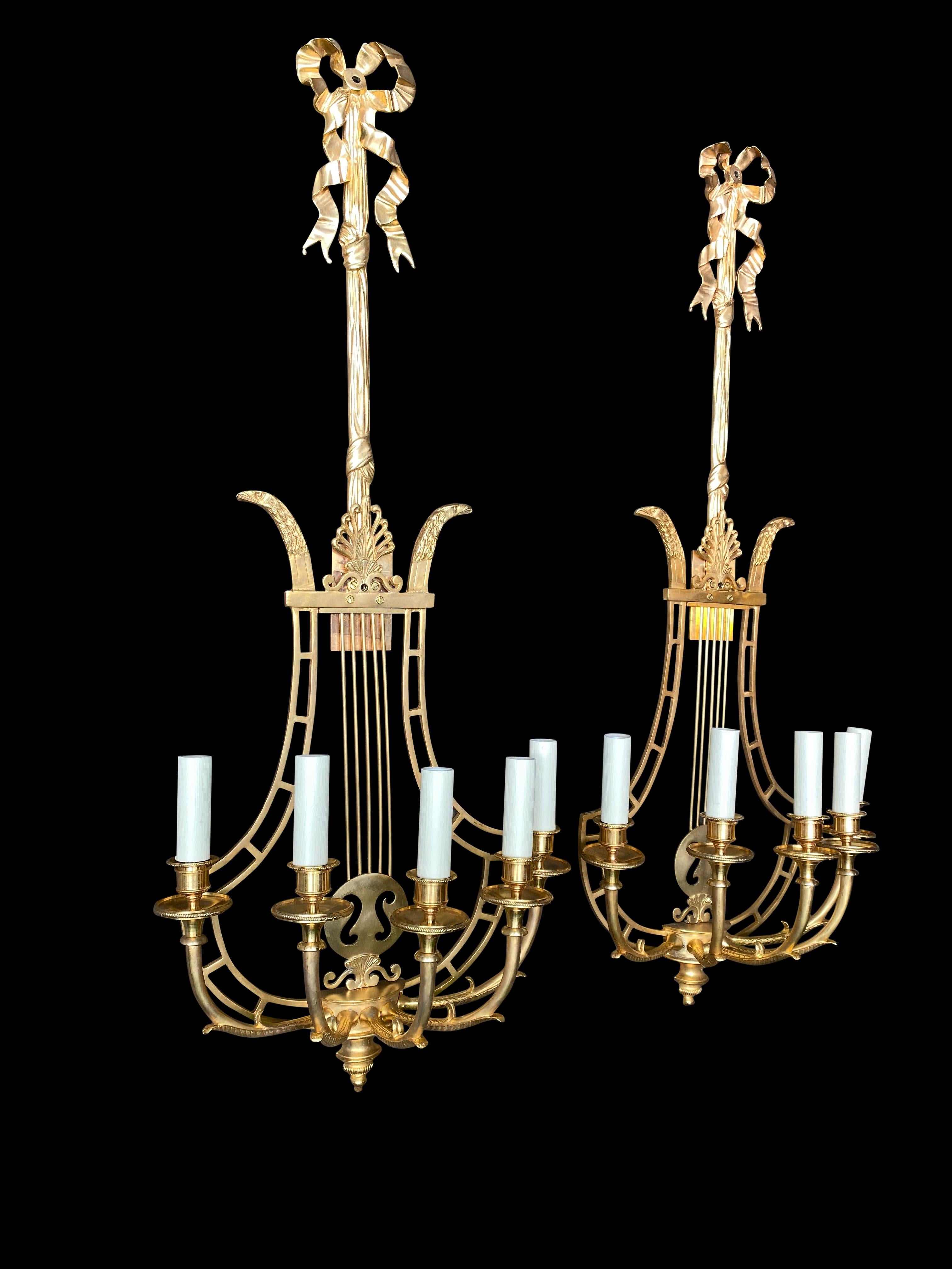 Empire Sconces, French Ormolu Wall Light Candelabras Lyre, 20th Century For Sale 12